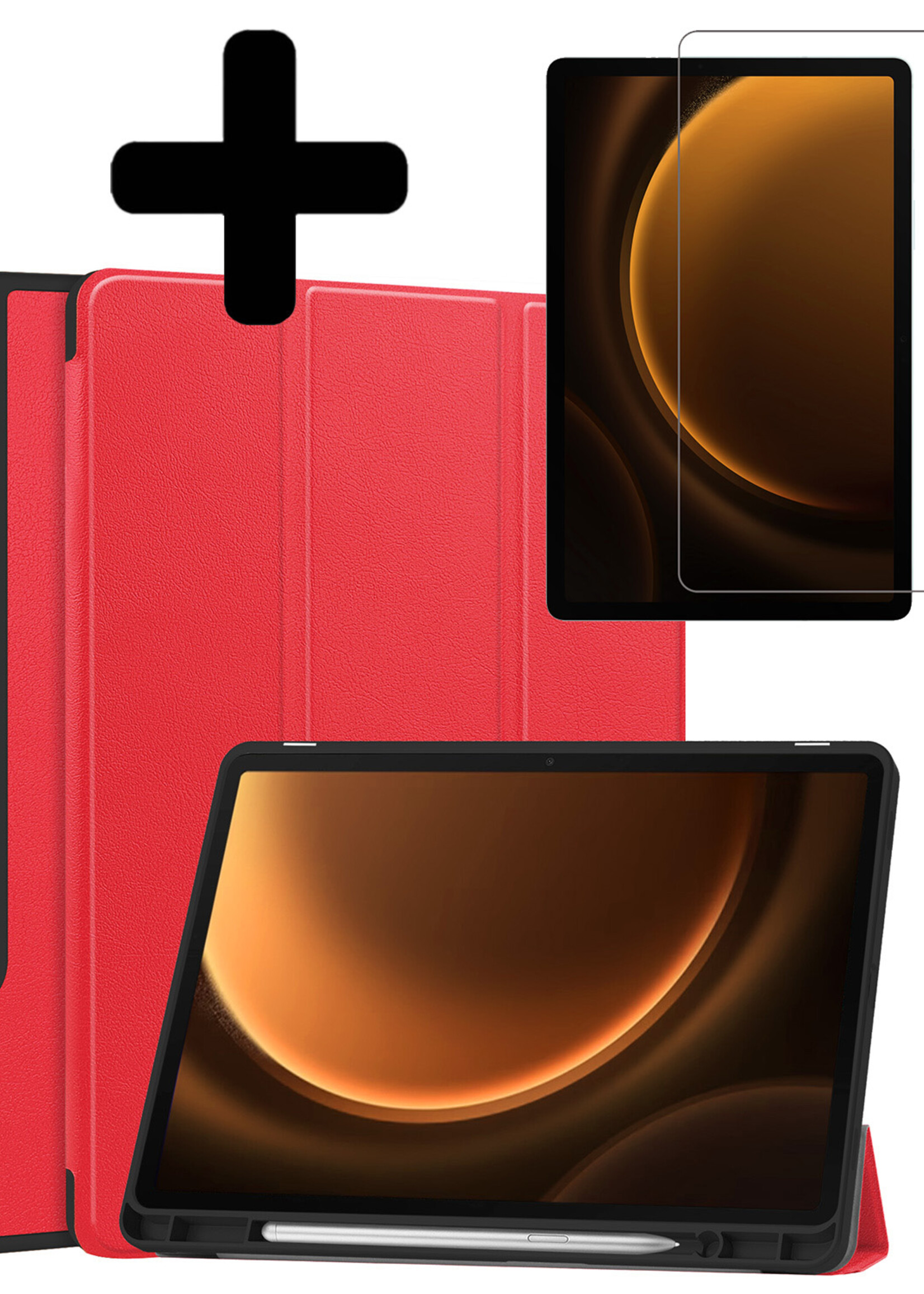 LUQ Hoes Geschikt voor Samsung Galaxy Tab S9 FE Hoes Luxe Hoesje Case Met Uitsparing Geschikt voor S Pen Met Screenprotector - Hoesje Geschikt voor Samsung Tab S9 FE Hoes Cover - Rood