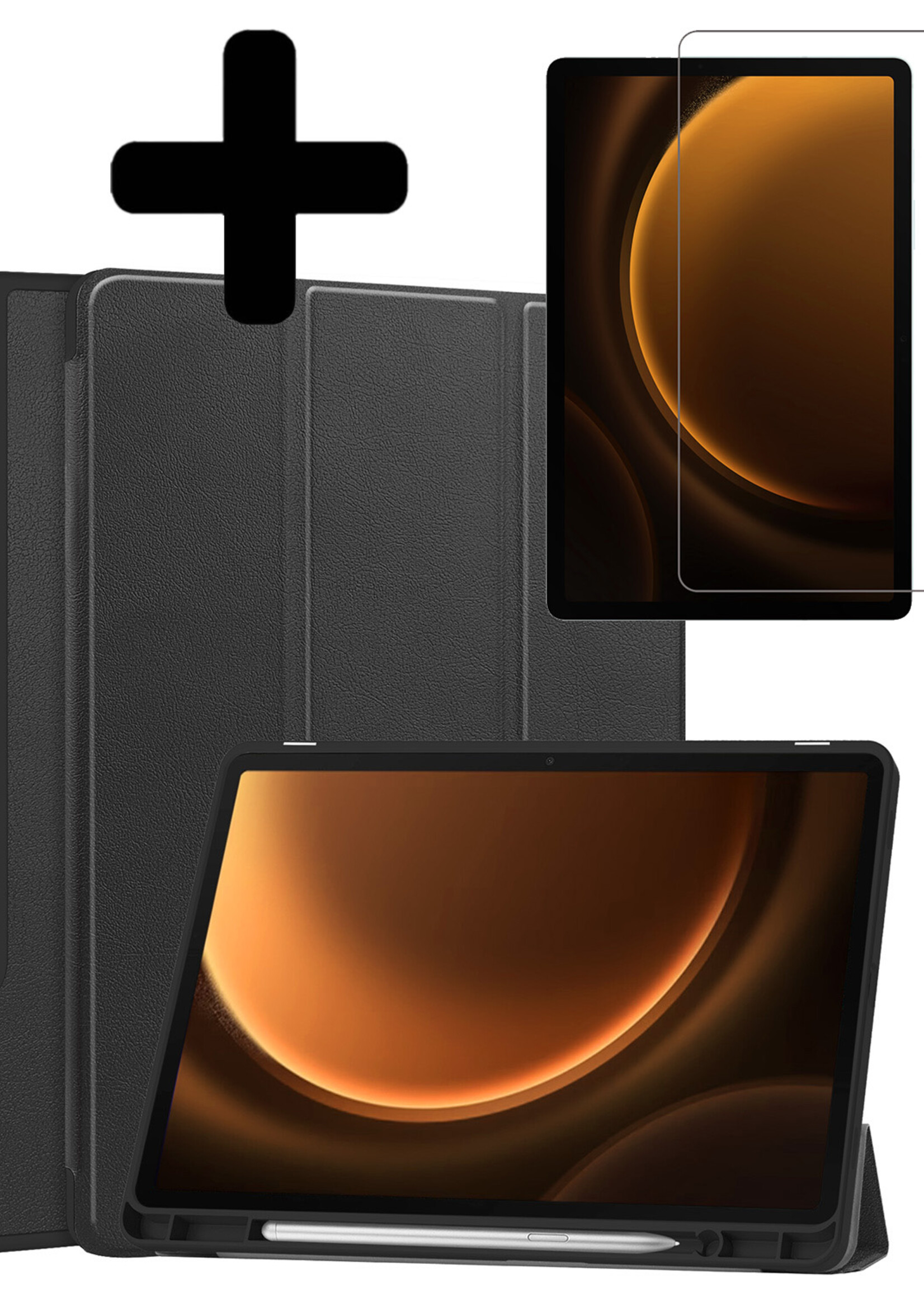 LUQ Hoes Geschikt voor Samsung Galaxy Tab S9 FE Hoes Luxe Hoesje Case Met Uitsparing Geschikt voor S Pen Met Screenprotector - Hoesje Geschikt voor Samsung Tab S9 FE Hoes Cover - Zwart