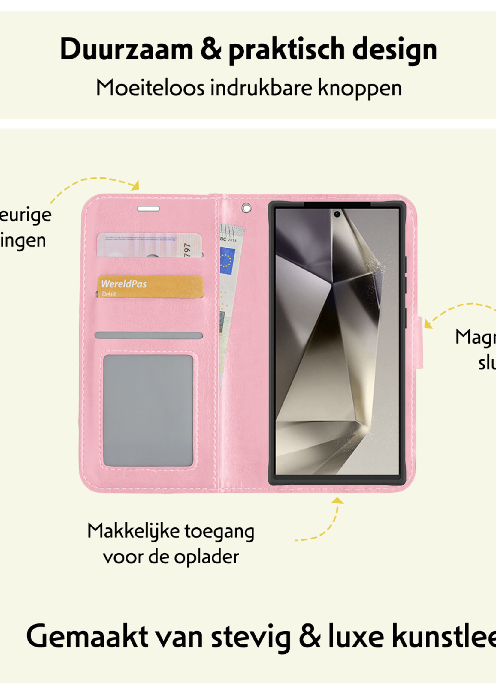 LUQ Hoesje Geschikt voor Samsung S24 Ultra Hoesje Book Case Hoes Wallet Cover - Hoes Geschikt voor Samsung Galaxy S24 Ultra Hoesje Bookcase Hoes - Lichtroze