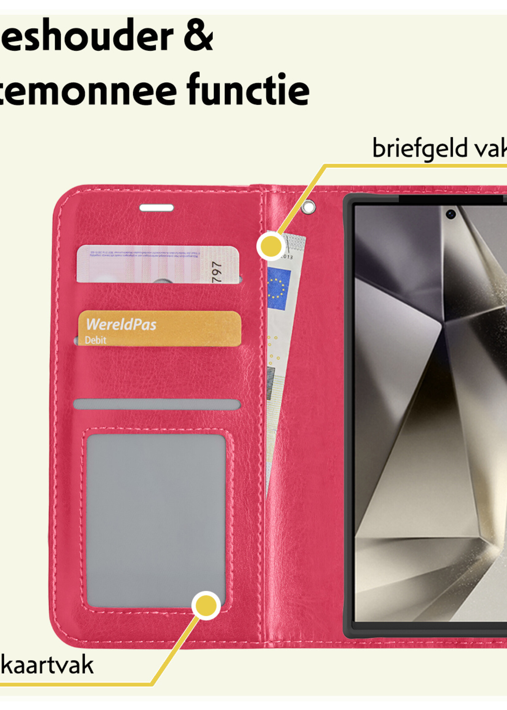 LUQ Hoesje Geschikt voor Samsung S24 Ultra Hoesje Book Case Hoes Wallet Cover - Hoes Geschikt voor Samsung Galaxy S24 Ultra Hoesje Bookcase Hoes - Donkerroze