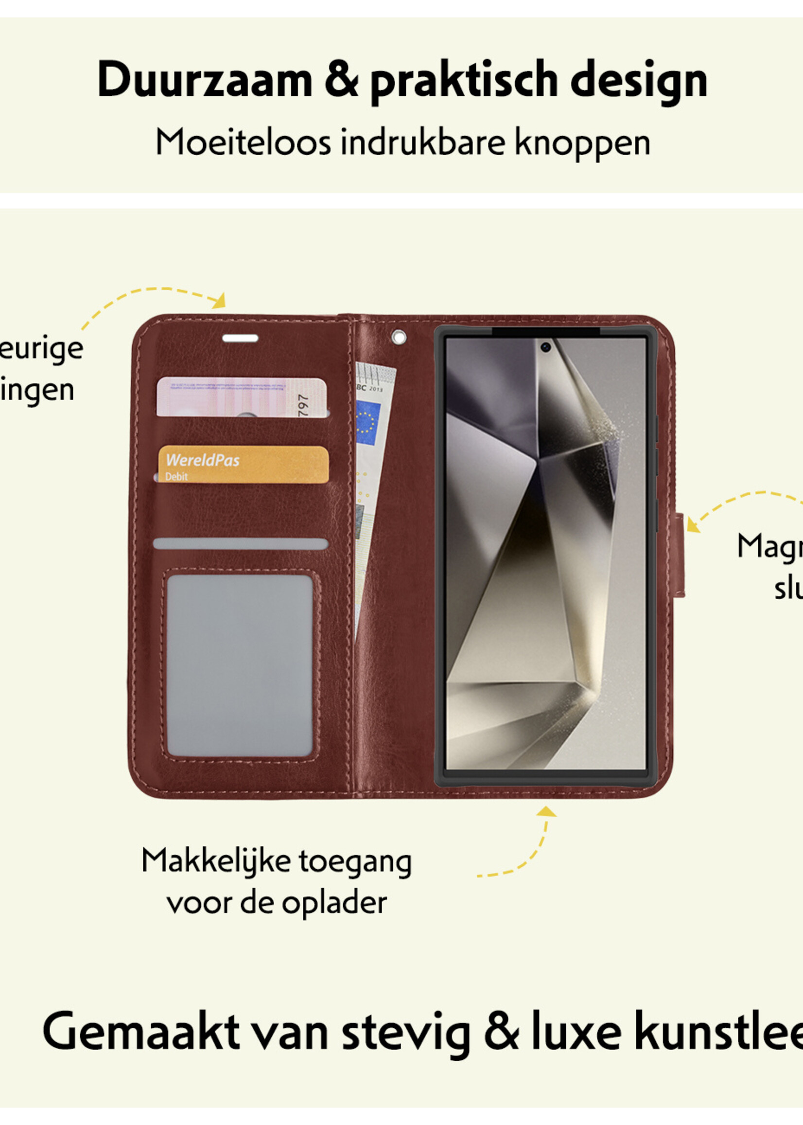 LUQ Hoesje Geschikt voor Samsung S24 Ultra Hoesje Book Case Hoes Wallet Cover - Hoes Geschikt voor Samsung Galaxy S24 Ultra Hoesje Bookcase Hoes - Bruin