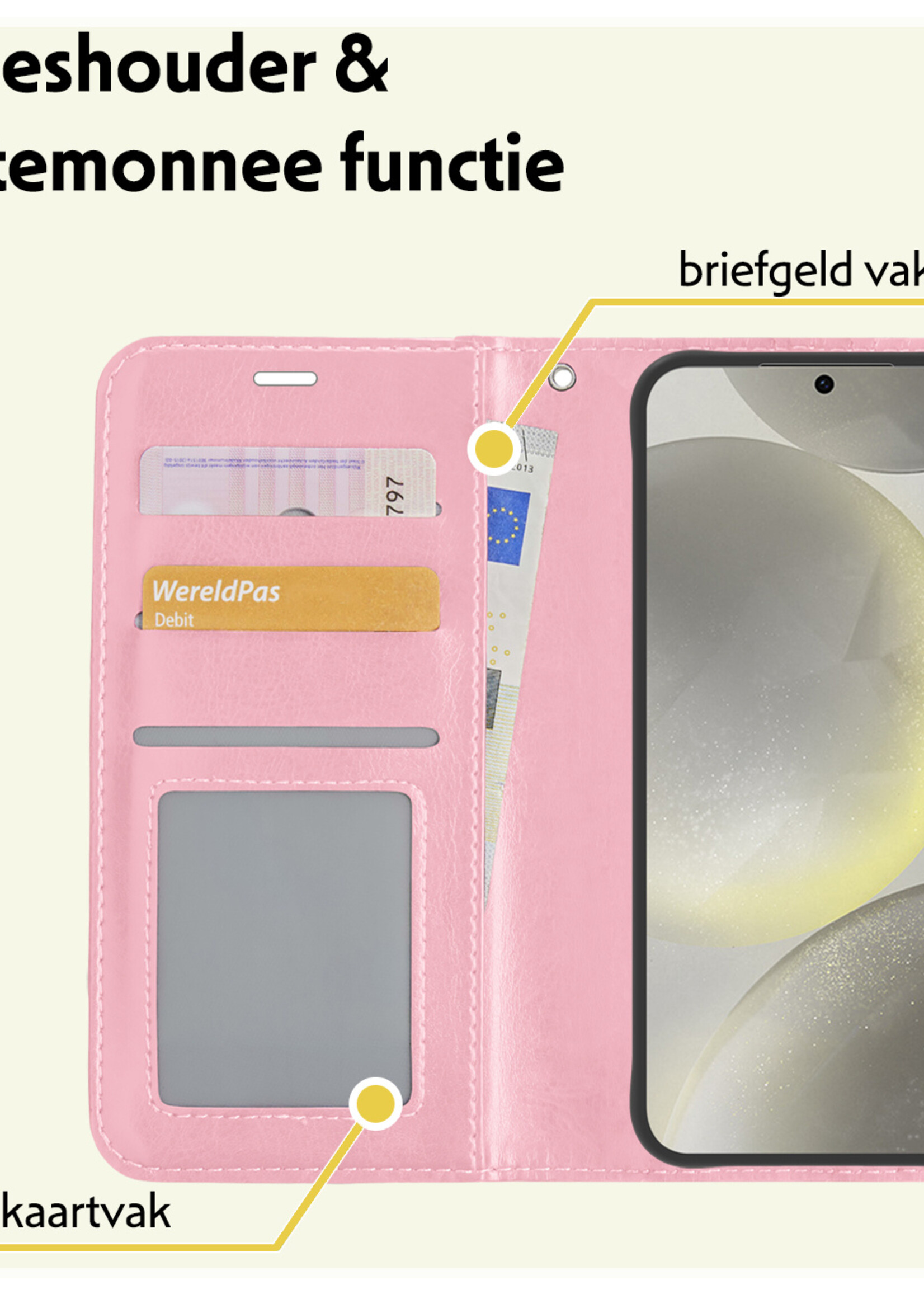 LUQ Hoesje Geschikt voor Samsung S24 Hoesje Book Case Hoes Wallet Cover - Hoes Geschikt voor Samsung Galaxy S24 Hoesje Bookcase Hoes - Lichtroze