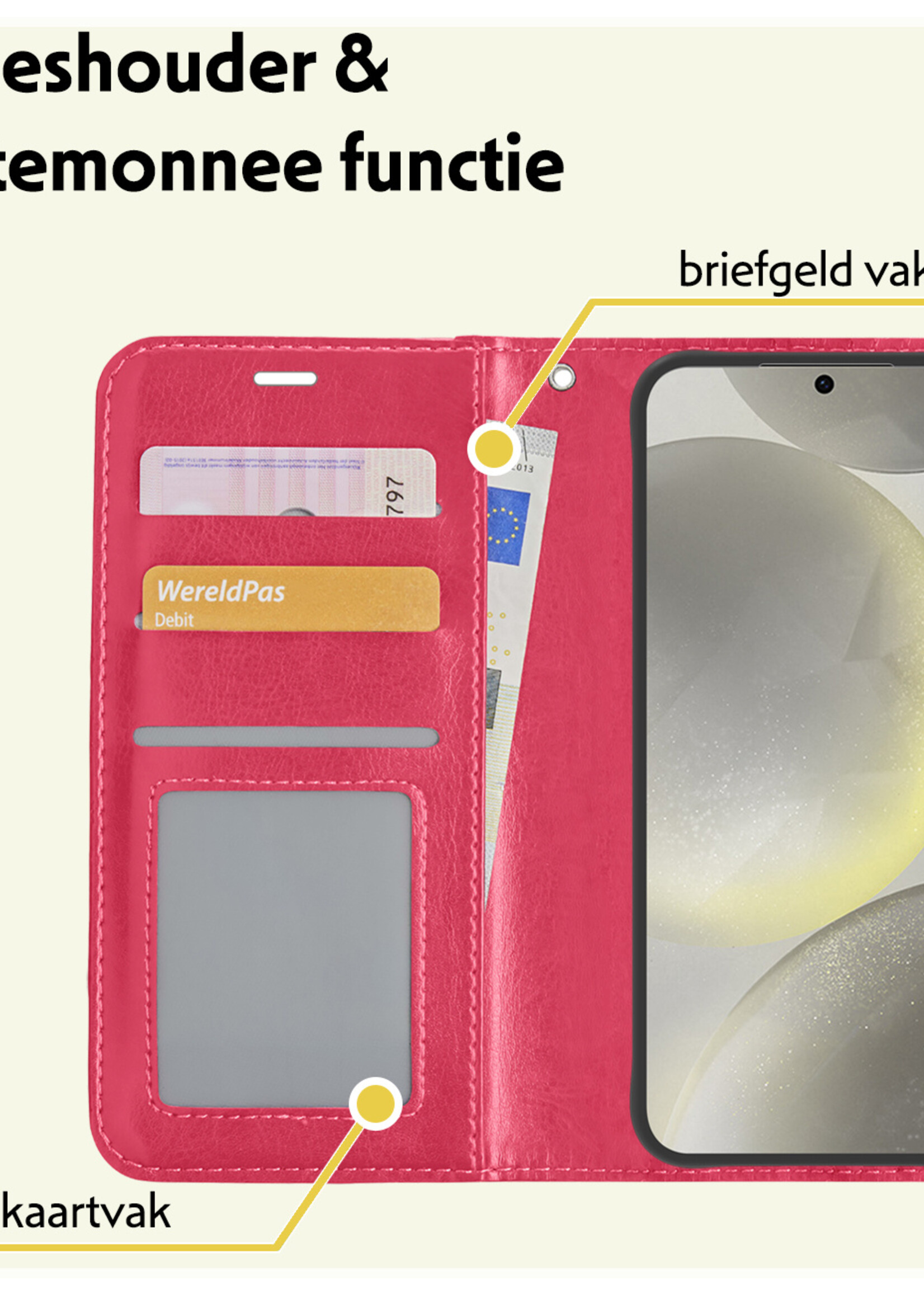 LUQ Hoesje Geschikt voor Samsung S24 Hoesje Book Case Hoes Wallet Cover - Hoes Geschikt voor Samsung Galaxy S24 Hoesje Bookcase Hoes - Donkerroze