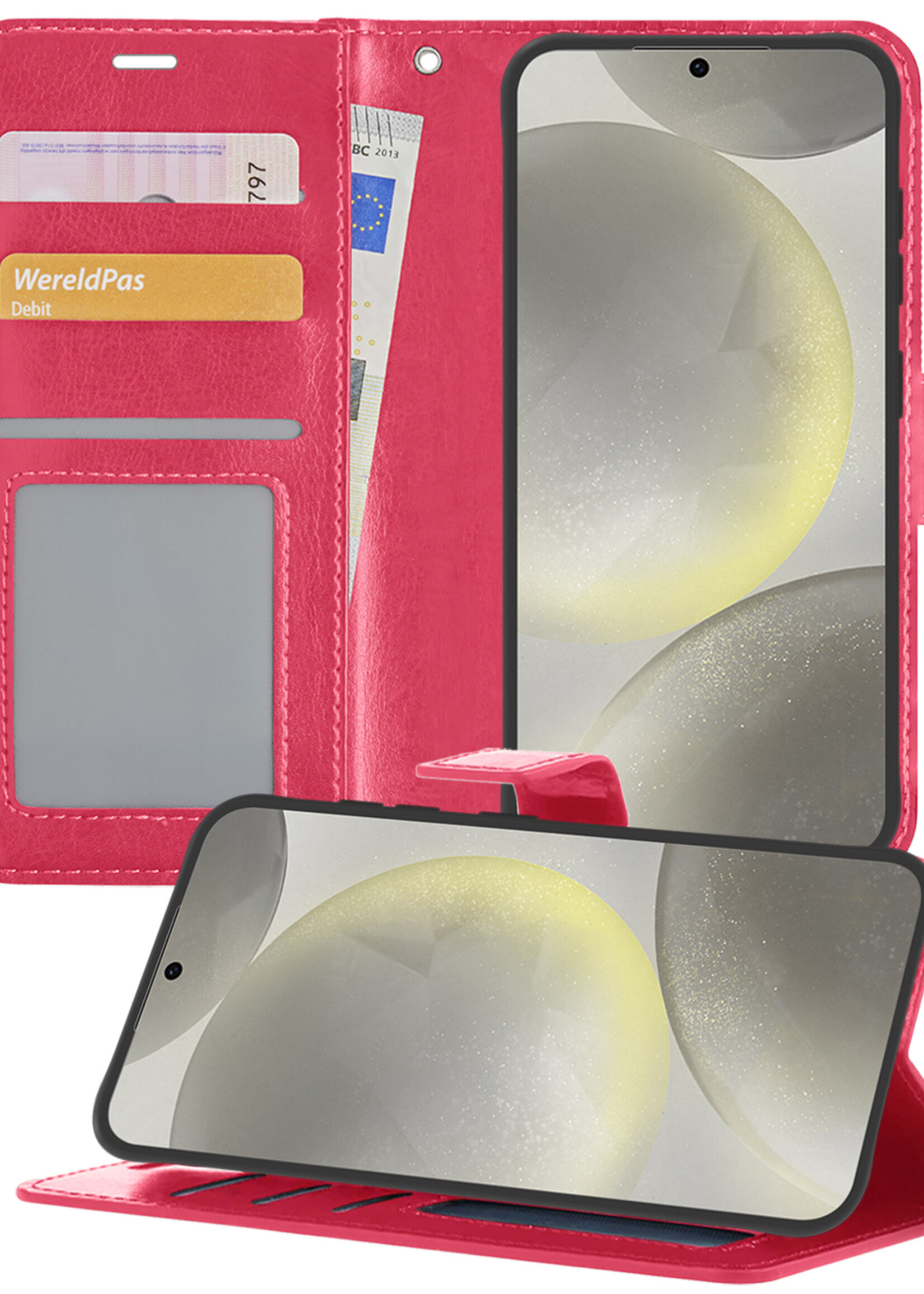 LUQ Hoesje Geschikt voor Samsung S24 Hoesje Book Case Hoes Wallet Cover - Hoes Geschikt voor Samsung Galaxy S24 Hoesje Bookcase Hoes - Donkerroze