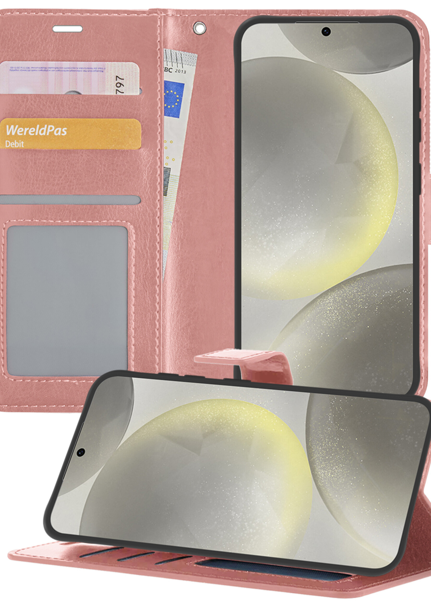 LUQ Hoesje Geschikt voor Samsung S24 Hoesje Book Case Hoes Wallet Cover - Hoes Geschikt voor Samsung Galaxy S24 Hoesje Bookcase Hoes - Rosé goud