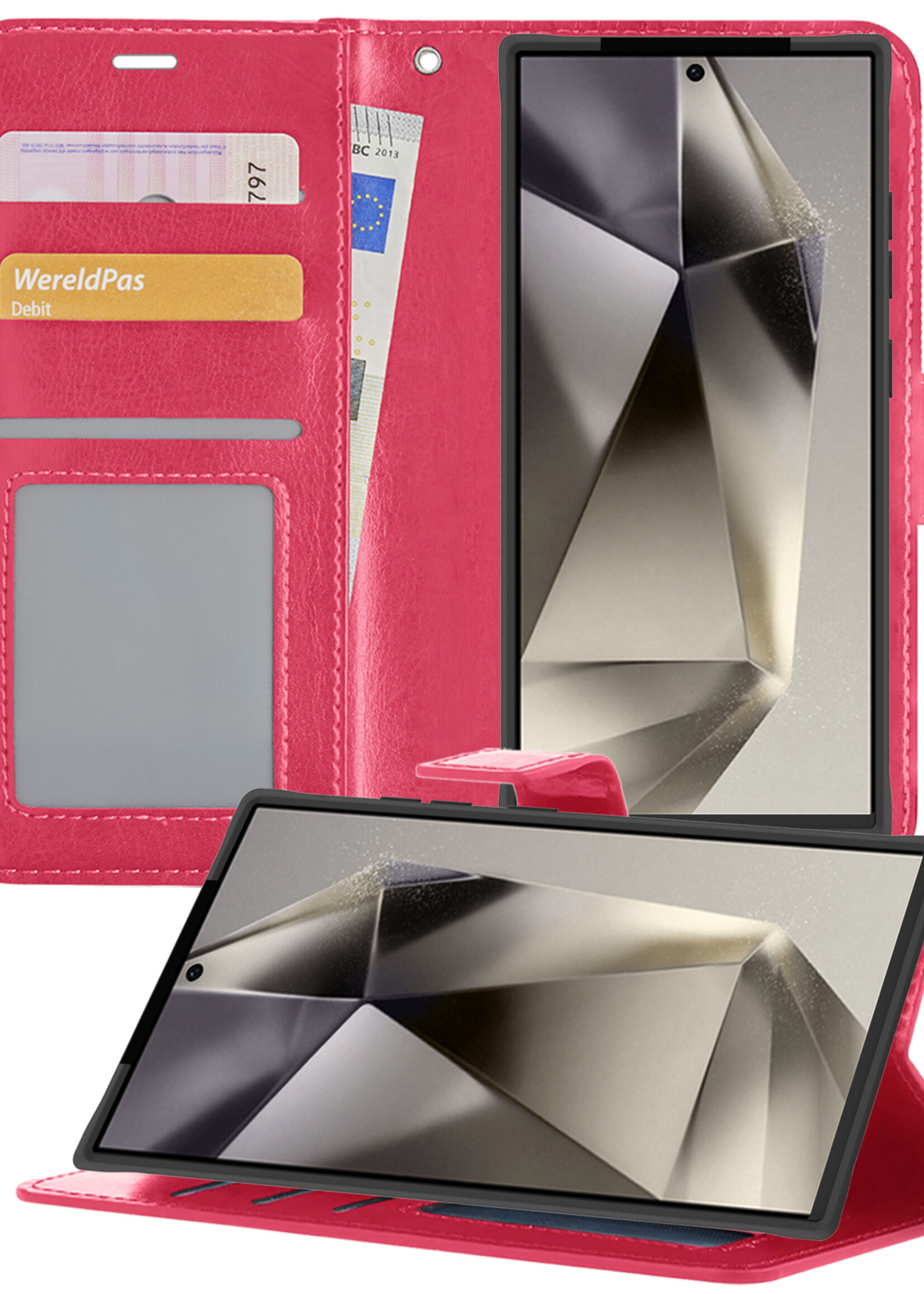 LUQ Hoesje Geschikt voor Samsung S24 Ultra Hoesje Book Case Hoes Wallet Cover - Hoes Geschikt voor Samsung Galaxy S24 Ultra Hoesje Bookcase Hoes - Donkerroze