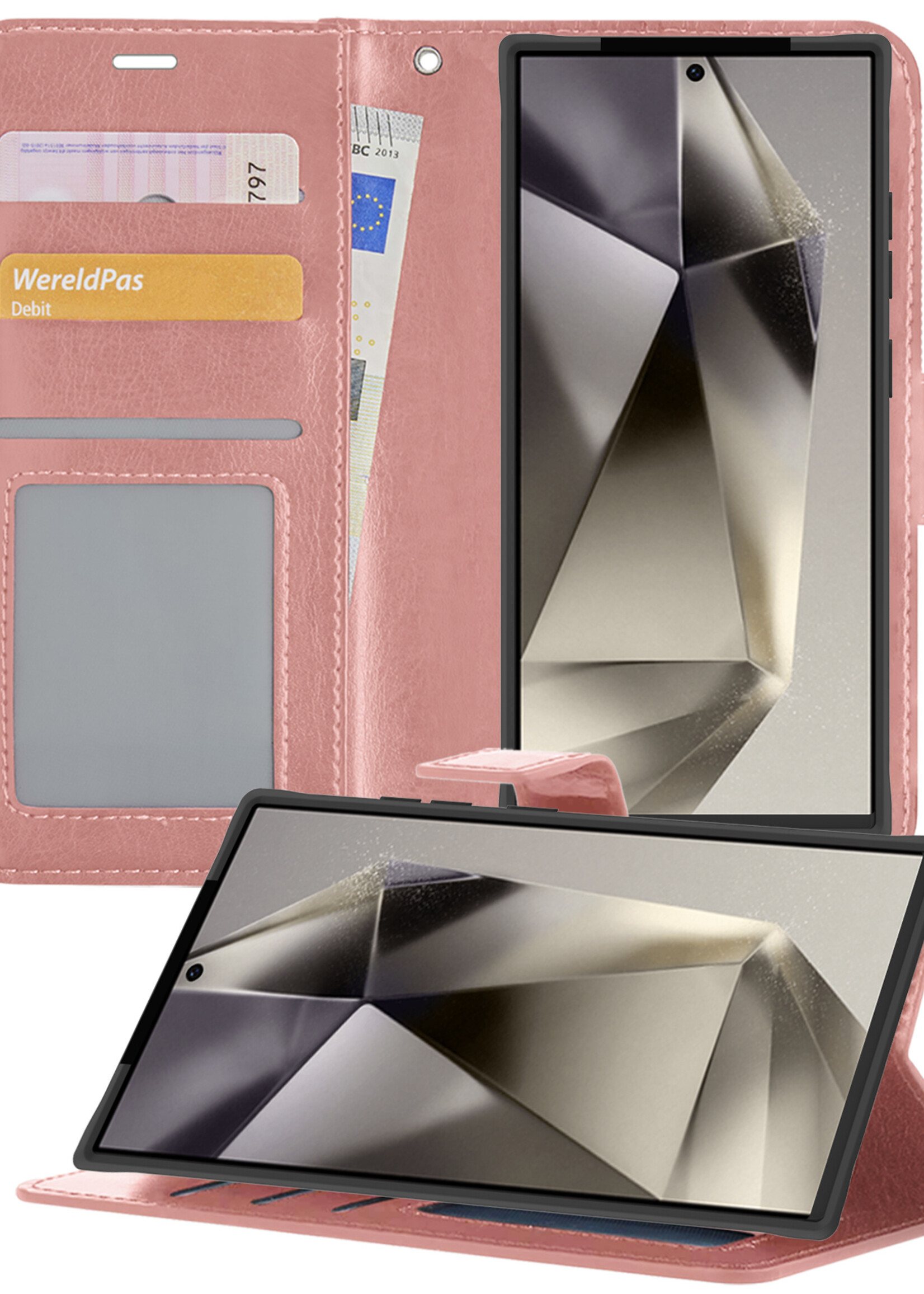 LUQ Hoesje Geschikt voor Samsung S24 Ultra Hoesje Book Case Hoes Wallet Cover - Hoes Geschikt voor Samsung Galaxy S24 Ultra Hoesje Bookcase Hoes - Rosé goud