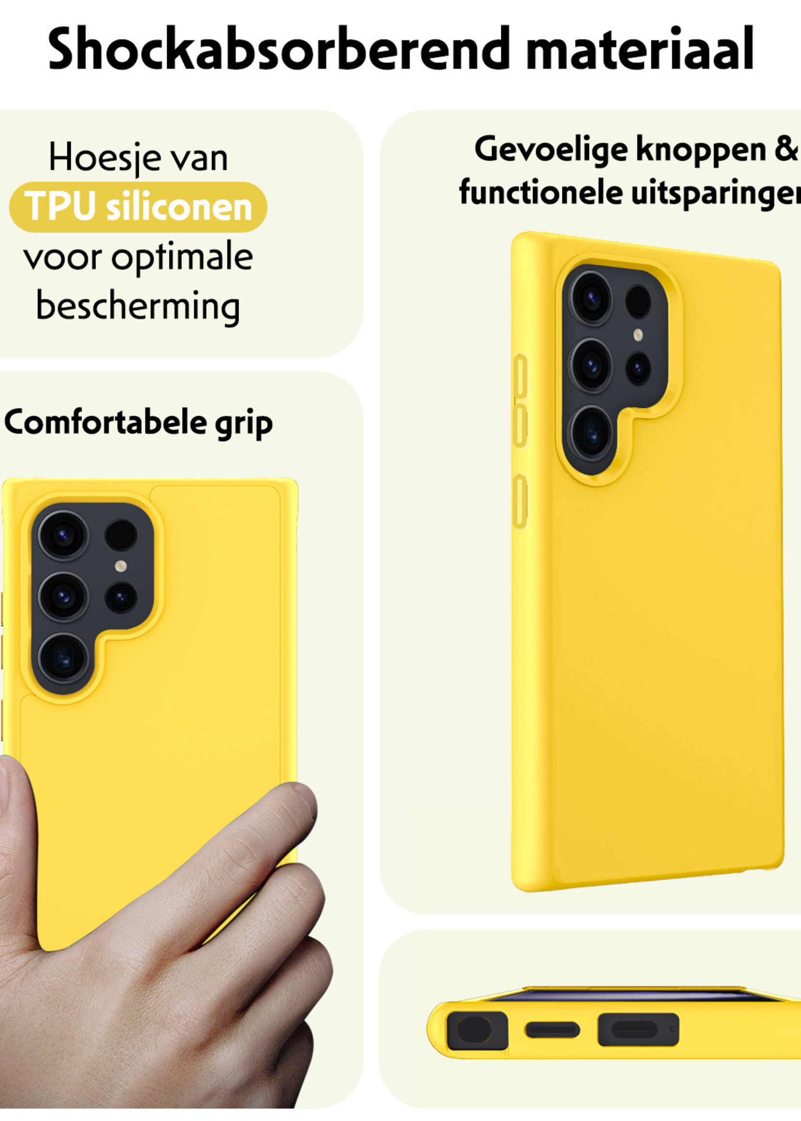 LUQ Hoesje Geschikt voor Samsung S24 Ultra Hoesje Siliconen Case Met 2x Screenprotector - Hoes Geschikt voor Samsung Galaxy S24 Ultra Hoes Siliconen - Geel