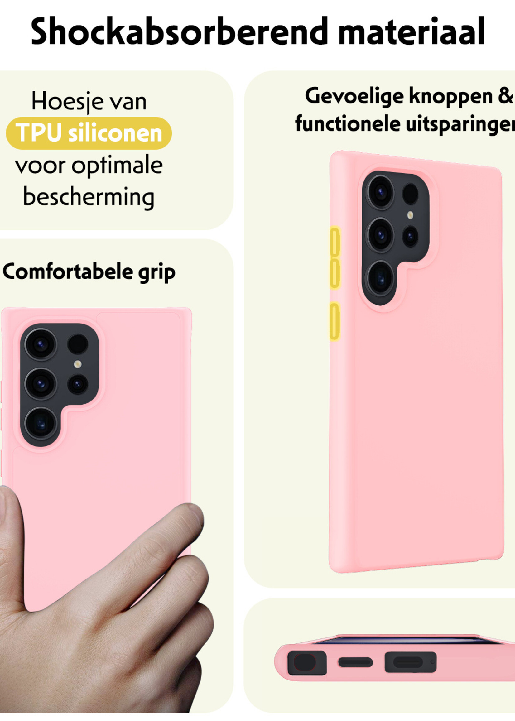 LUQ Hoesje Geschikt voor Samsung S24 Ultra Hoesje Siliconen Case Met 2x Screenprotector - Hoes Geschikt voor Samsung Galaxy S24 Ultra Hoes Siliconen - Lichtroze