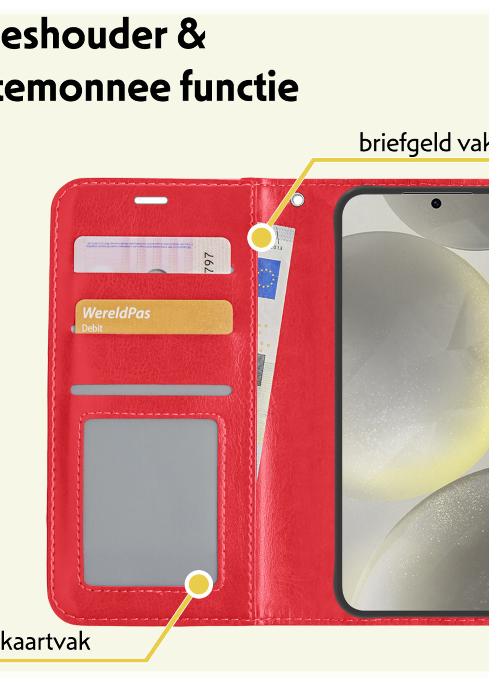 LUQ Hoesje Geschikt voor Samsung S24 Hoesje Book Case Hoes Wallet Cover Met Screenprotector - Hoes Geschikt voor Samsung Galaxy S24 Hoesje Bookcase Hoes - Rood