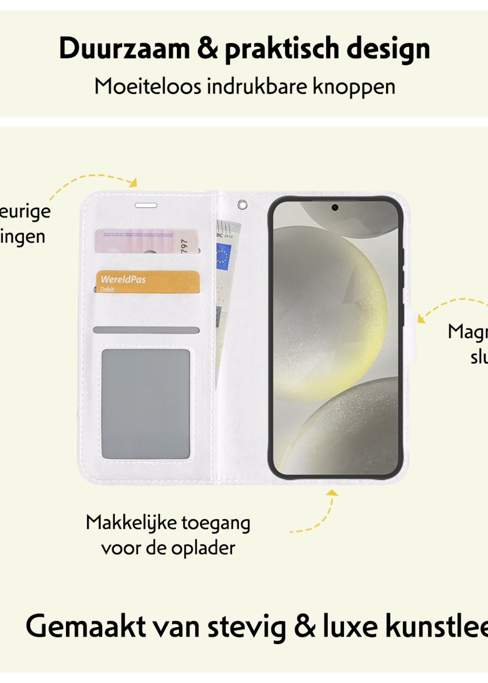 LUQ Hoesje Geschikt voor Samsung S24 Hoesje Book Case Hoes Wallet Cover Met Screenprotector - Hoes Geschikt voor Samsung Galaxy S24 Hoesje Bookcase Hoes - Wit