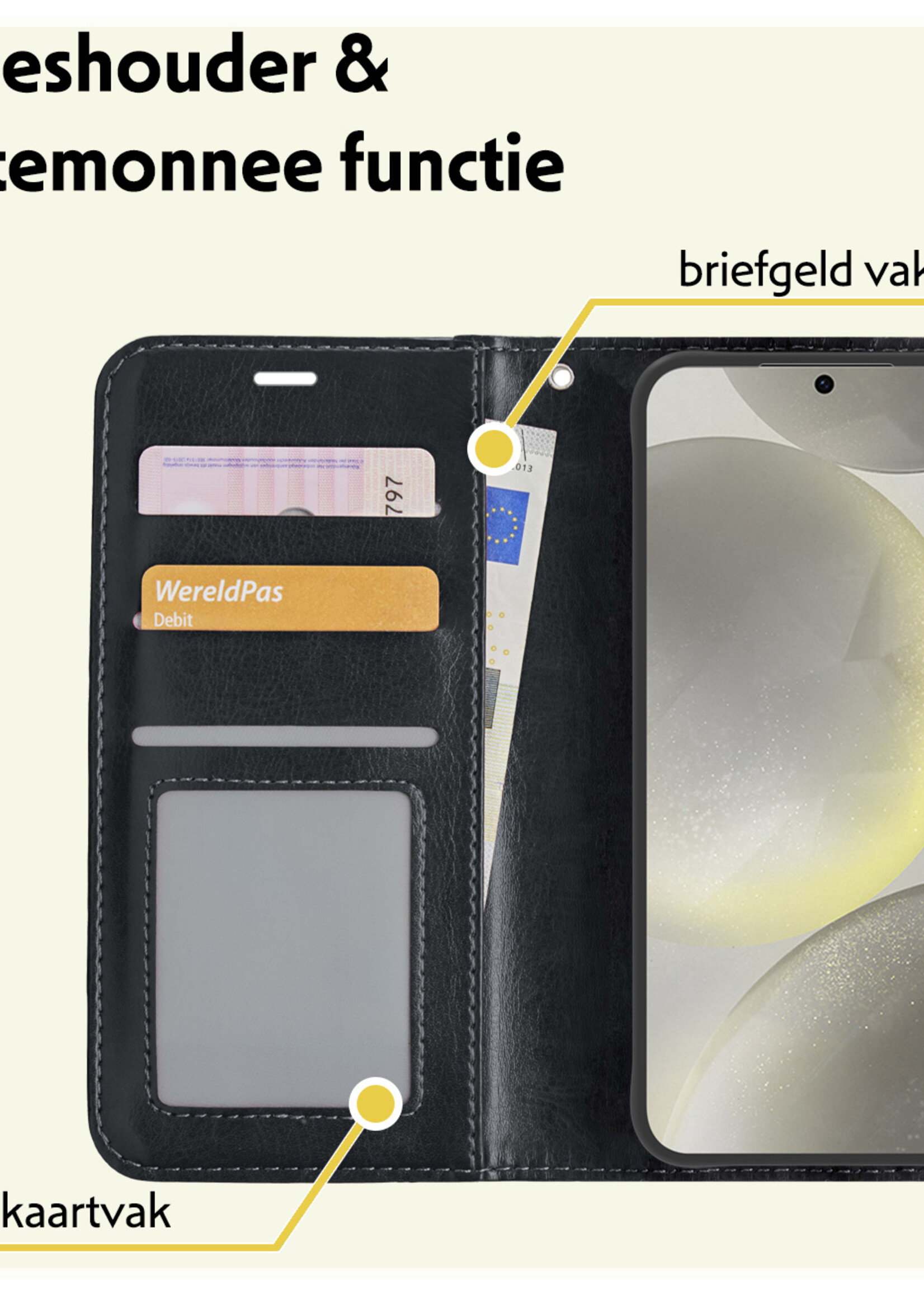 LUQ Hoesje Geschikt voor Samsung S24 Hoesje Book Case Hoes Wallet Cover Met Screenprotector - Hoes Geschikt voor Samsung Galaxy S24 Hoesje Bookcase Hoes - Zwart