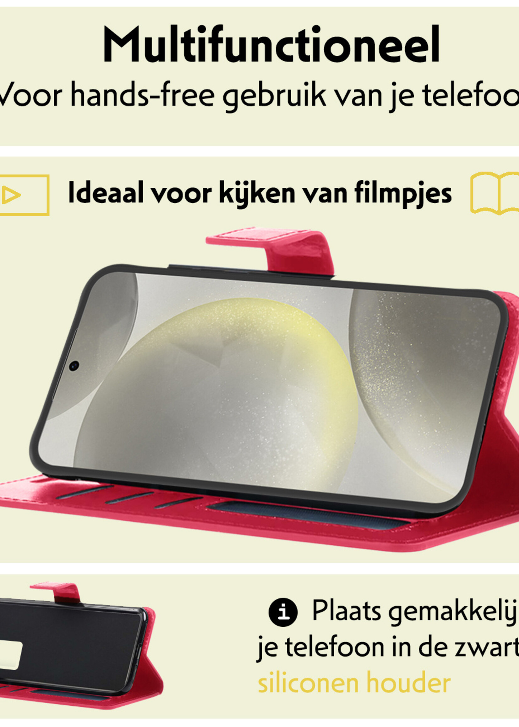 LUQ Hoesje Geschikt voor Samsung S24 Hoesje Book Case Hoes Wallet Cover Met 2x Screenprotector - Hoes Geschikt voor Samsung Galaxy S24 Hoesje Bookcase Hoes - Donkerroze