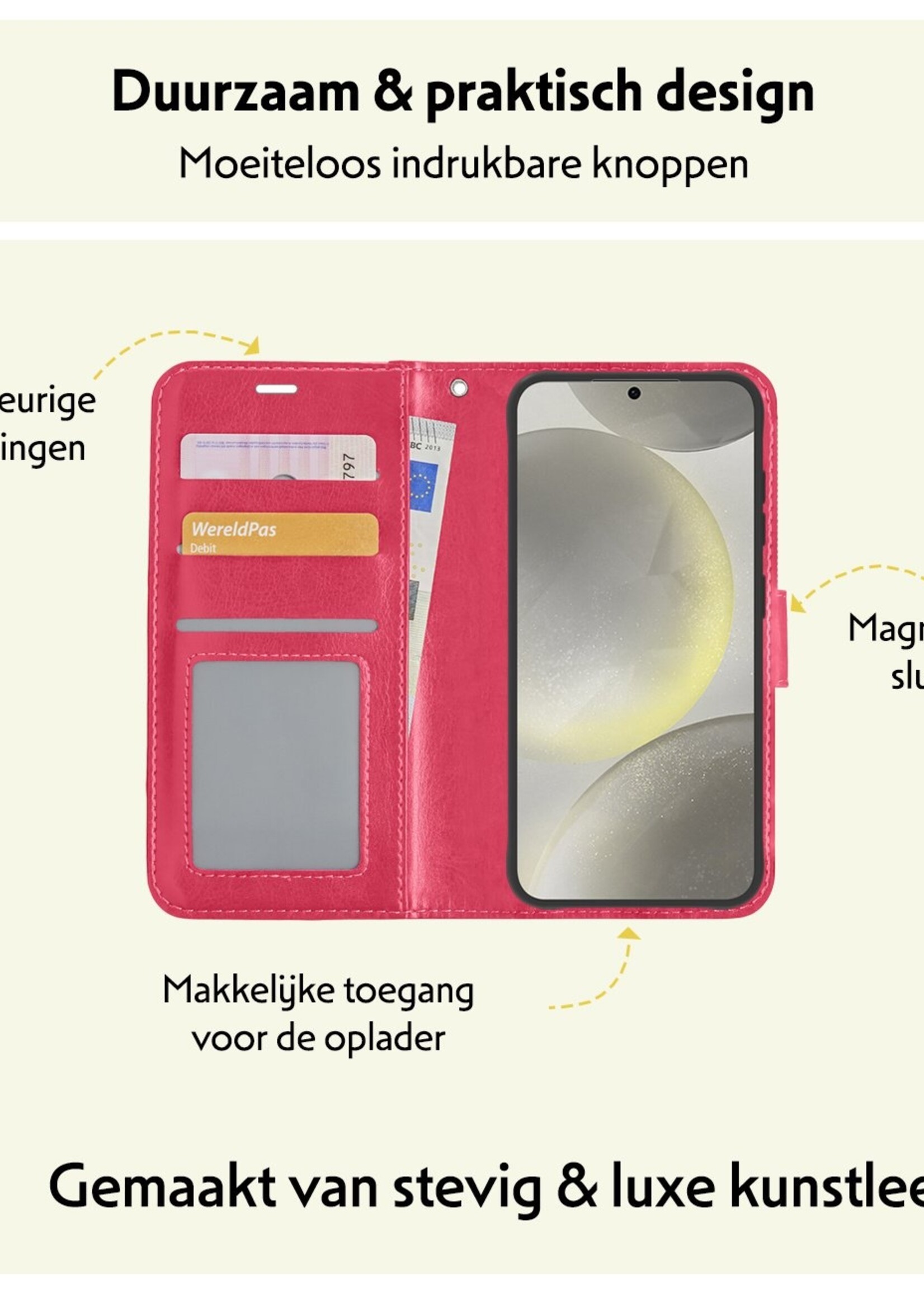 LUQ Hoesje Geschikt voor Samsung S24 Hoesje Book Case Hoes Wallet Cover Met 2x Screenprotector - Hoes Geschikt voor Samsung Galaxy S24 Hoesje Bookcase Hoes - Donkerroze