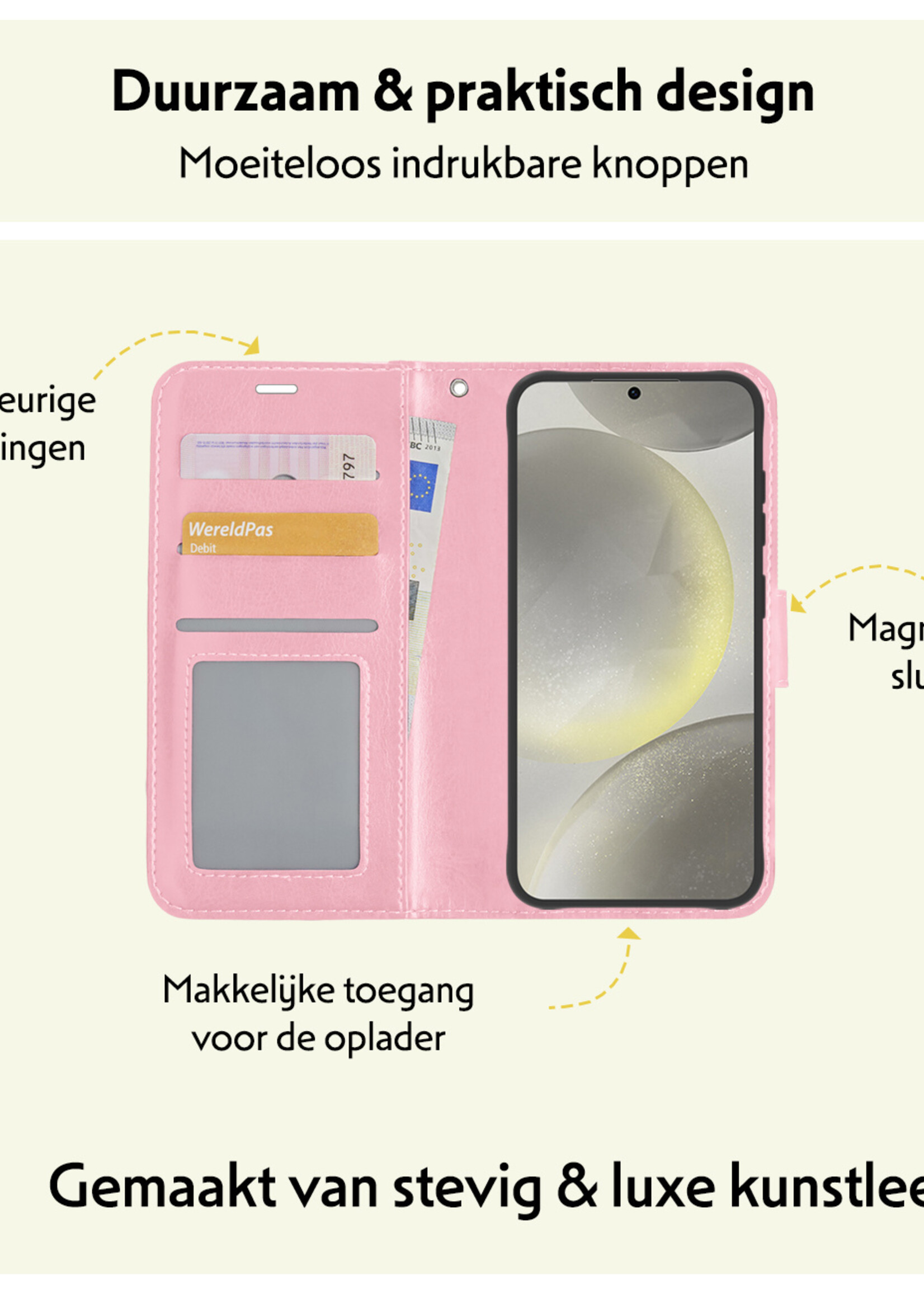 LUQ Hoesje Geschikt voor Samsung S24 Hoesje Book Case Hoes Wallet Cover Met 2x Screenprotector - Hoes Geschikt voor Samsung Galaxy S24 Hoesje Bookcase Hoes - Lichtroze