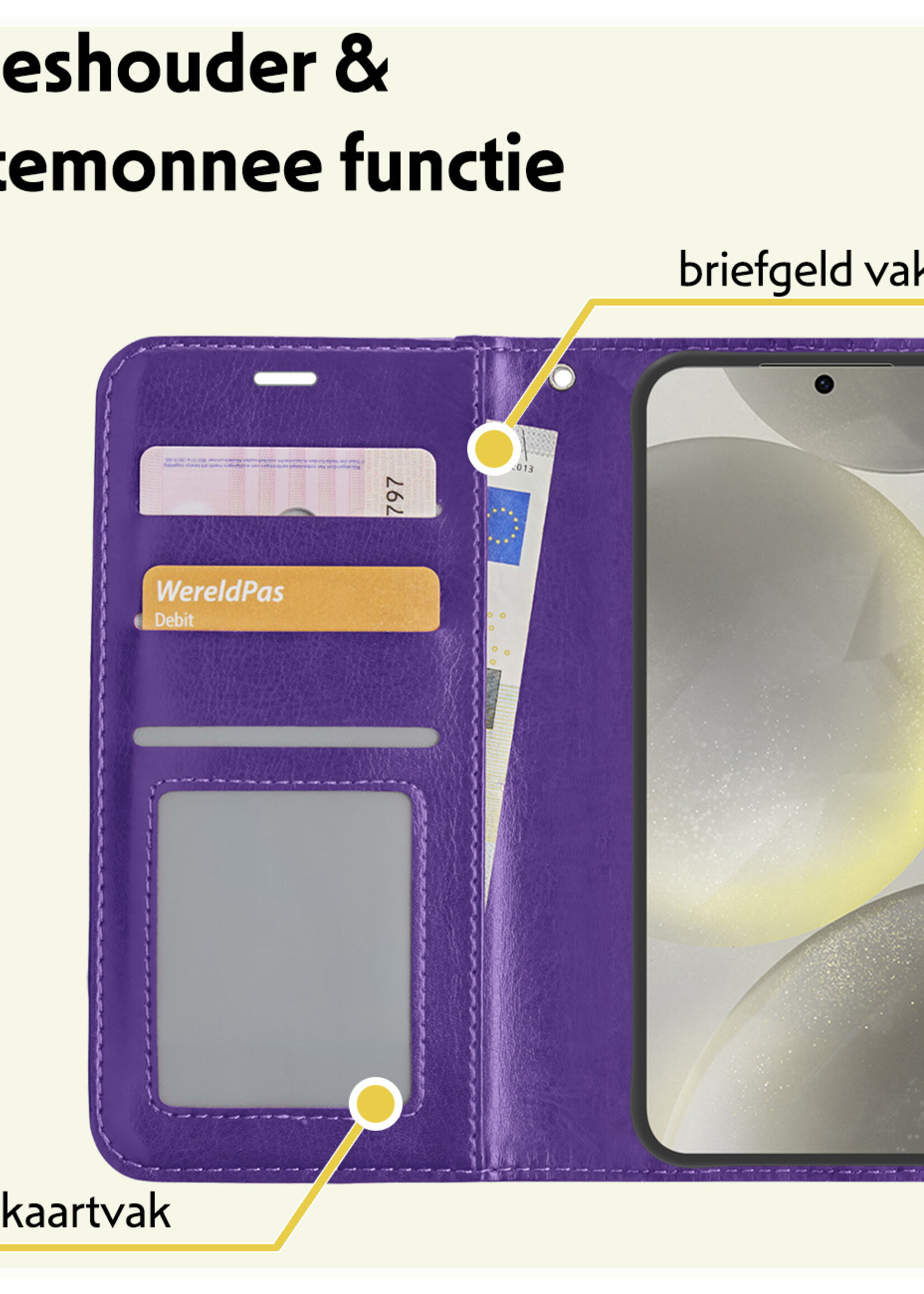 LUQ Hoesje Geschikt voor Samsung S24 Hoesje Book Case Hoes Wallet Cover Met 2x Screenprotector - Hoes Geschikt voor Samsung Galaxy S24 Hoesje Bookcase Hoes - Paars