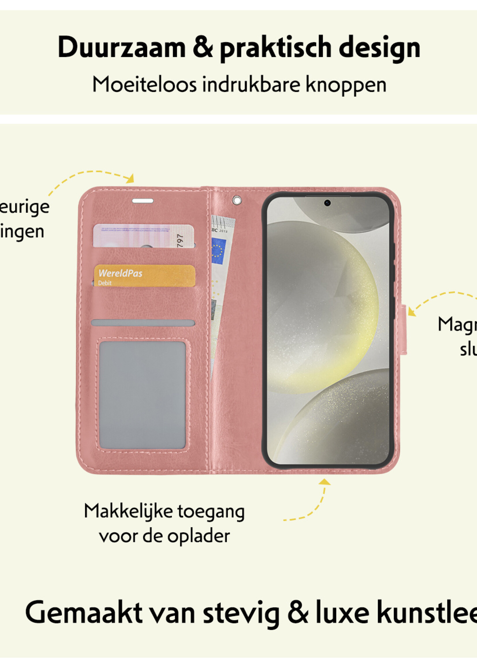 LUQ Hoesje Geschikt voor Samsung S24 Hoesje Book Case Hoes Wallet Cover Met 2x Screenprotector - Hoes Geschikt voor Samsung Galaxy S24 Hoesje Bookcase Hoes - Rosé goud