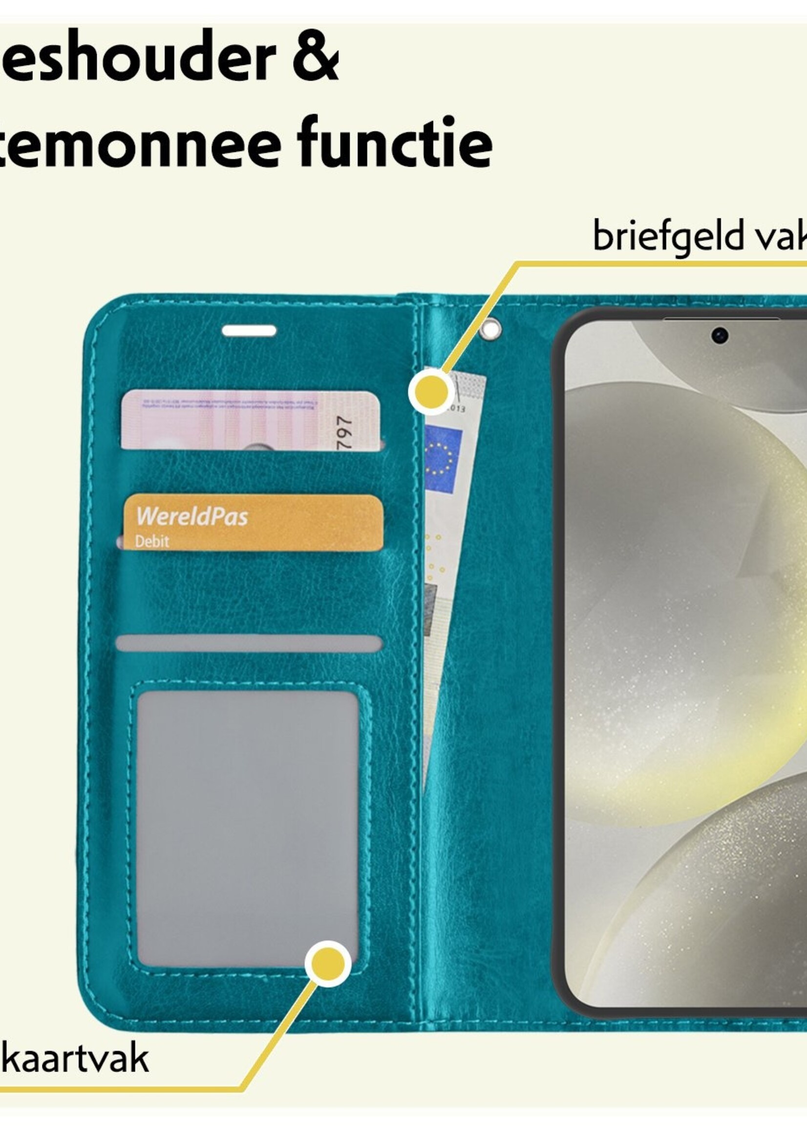 LUQ Hoesje Geschikt voor Samsung S24 Hoesje Book Case Hoes Wallet Cover Met 2x Screenprotector - Hoes Geschikt voor Samsung Galaxy S24 Hoesje Bookcase Hoes - Turquoise
