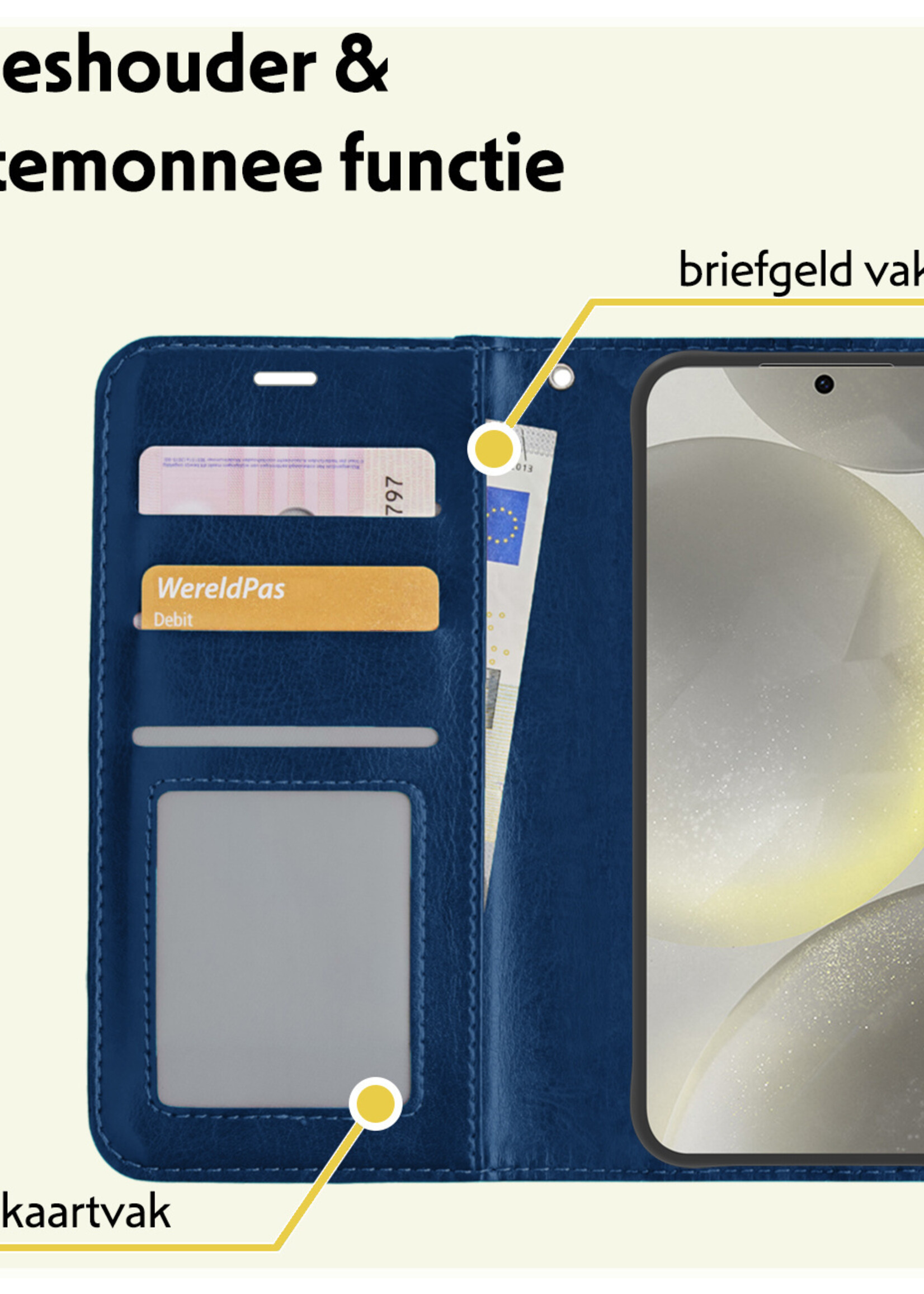 LUQ Hoesje Geschikt voor Samsung S24 Plus Hoesje Book Case Hoes Wallet Cover Met 2x Screenprotector - Hoes Geschikt voor Samsung Galaxy S24 Plus Hoesje Bookcase Hoes - Donkerblauw