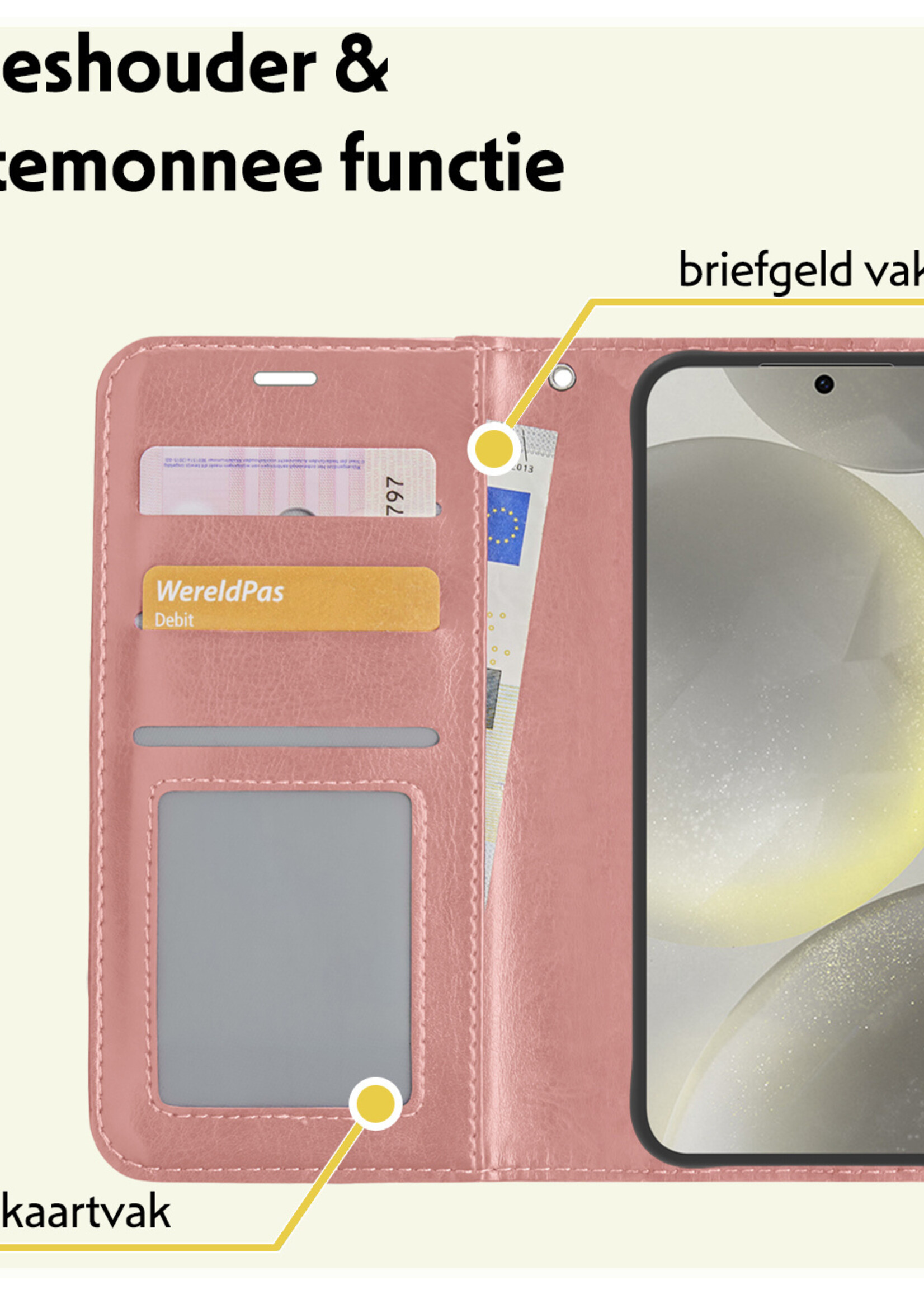 LUQ Hoesje Geschikt voor Samsung S24 Plus Hoesje Book Case Hoes Wallet Cover Met 2x Screenprotector - Hoes Geschikt voor Samsung Galaxy S24 Plus Hoesje Bookcase Hoes - Rosé goud