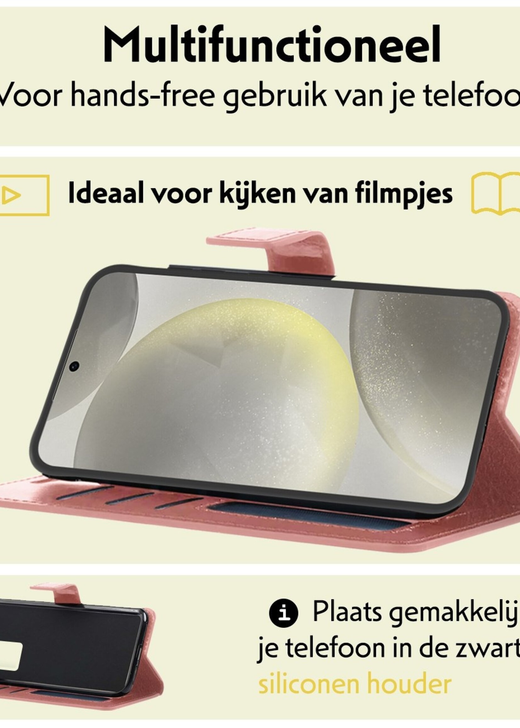 LUQ Hoesje Geschikt voor Samsung S24 Plus Hoesje Book Case Hoes Wallet Cover Met 2x Screenprotector - Hoes Geschikt voor Samsung Galaxy S24 Plus Hoesje Bookcase Hoes - Rosé goud