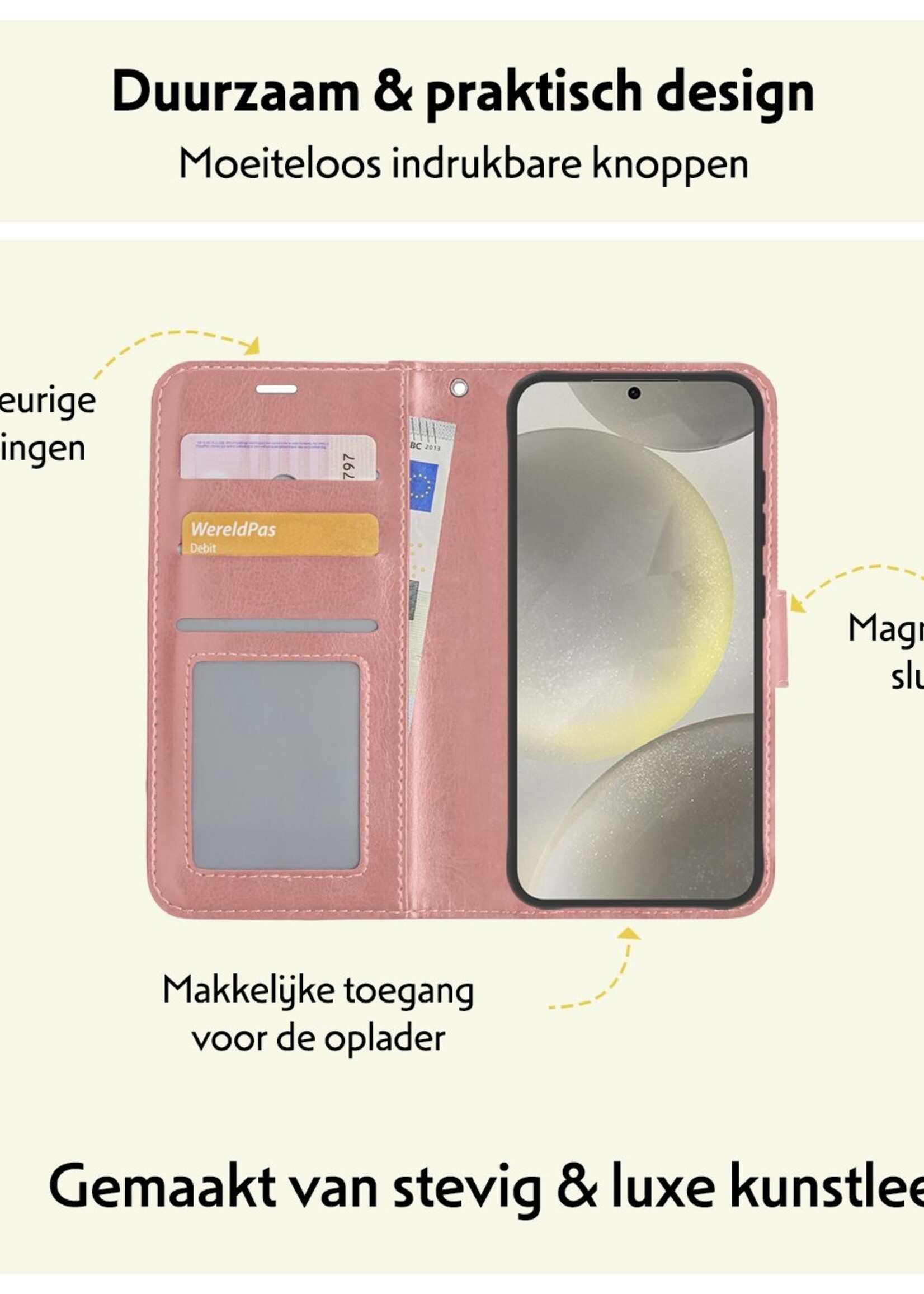 LUQ Hoesje Geschikt voor Samsung S24 Plus Hoesje Book Case Hoes Wallet Cover Met 2x Screenprotector - Hoes Geschikt voor Samsung Galaxy S24 Plus Hoesje Bookcase Hoes - Rosé goud
