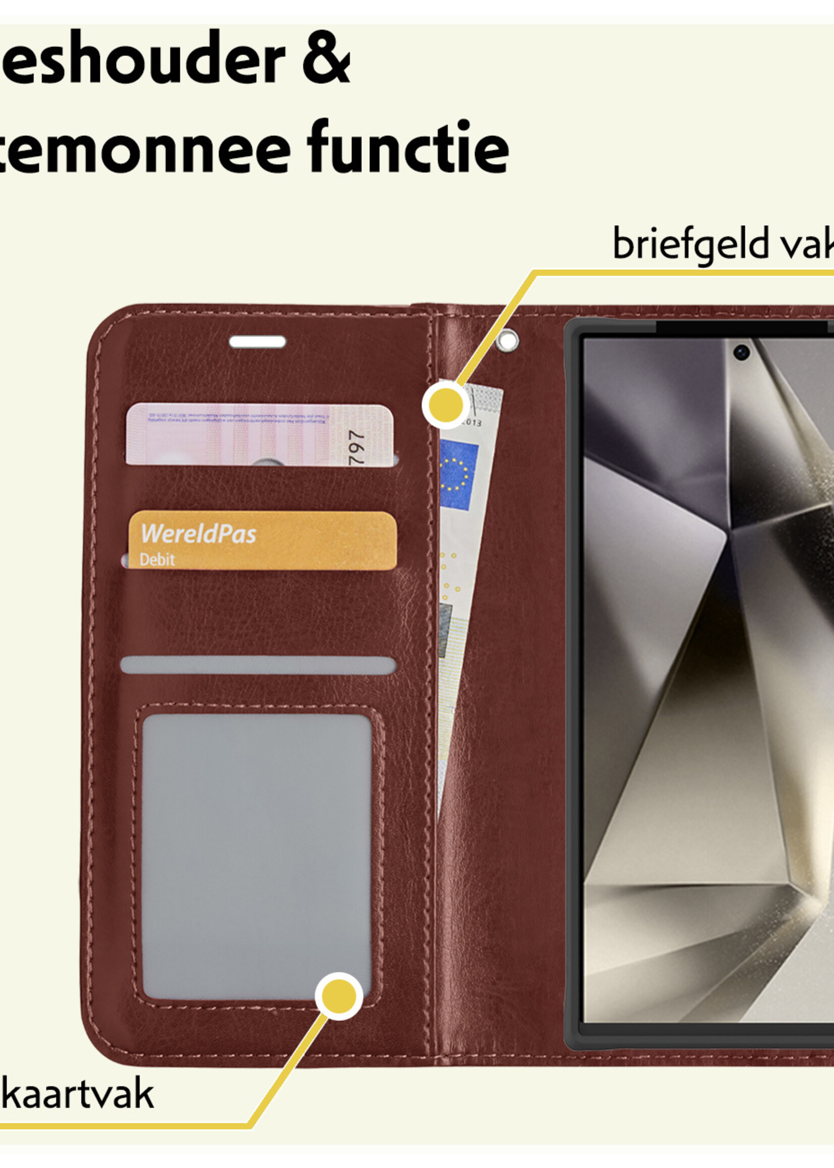 LUQ Hoesje Geschikt voor Samsung S24 Ultra Hoesje Book Case Hoes Wallet Cover Met Screenprotector - Hoes Geschikt voor Samsung Galaxy S24 Ultra Hoesje Bookcase Hoes - Bruin