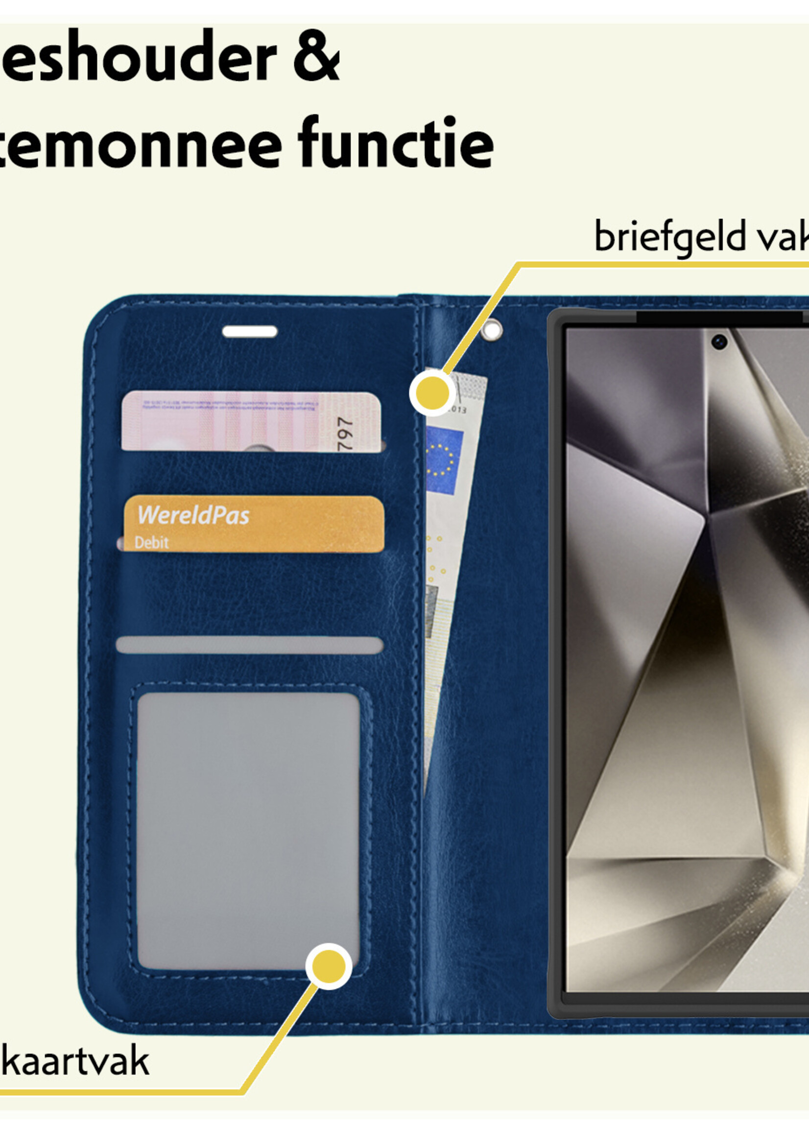 LUQ Hoesje Geschikt voor Samsung S24 Ultra Hoesje Book Case Hoes Wallet Cover Met Screenprotector - Hoes Geschikt voor Samsung Galaxy S24 Ultra Hoesje Bookcase Hoes - Donkerblauw