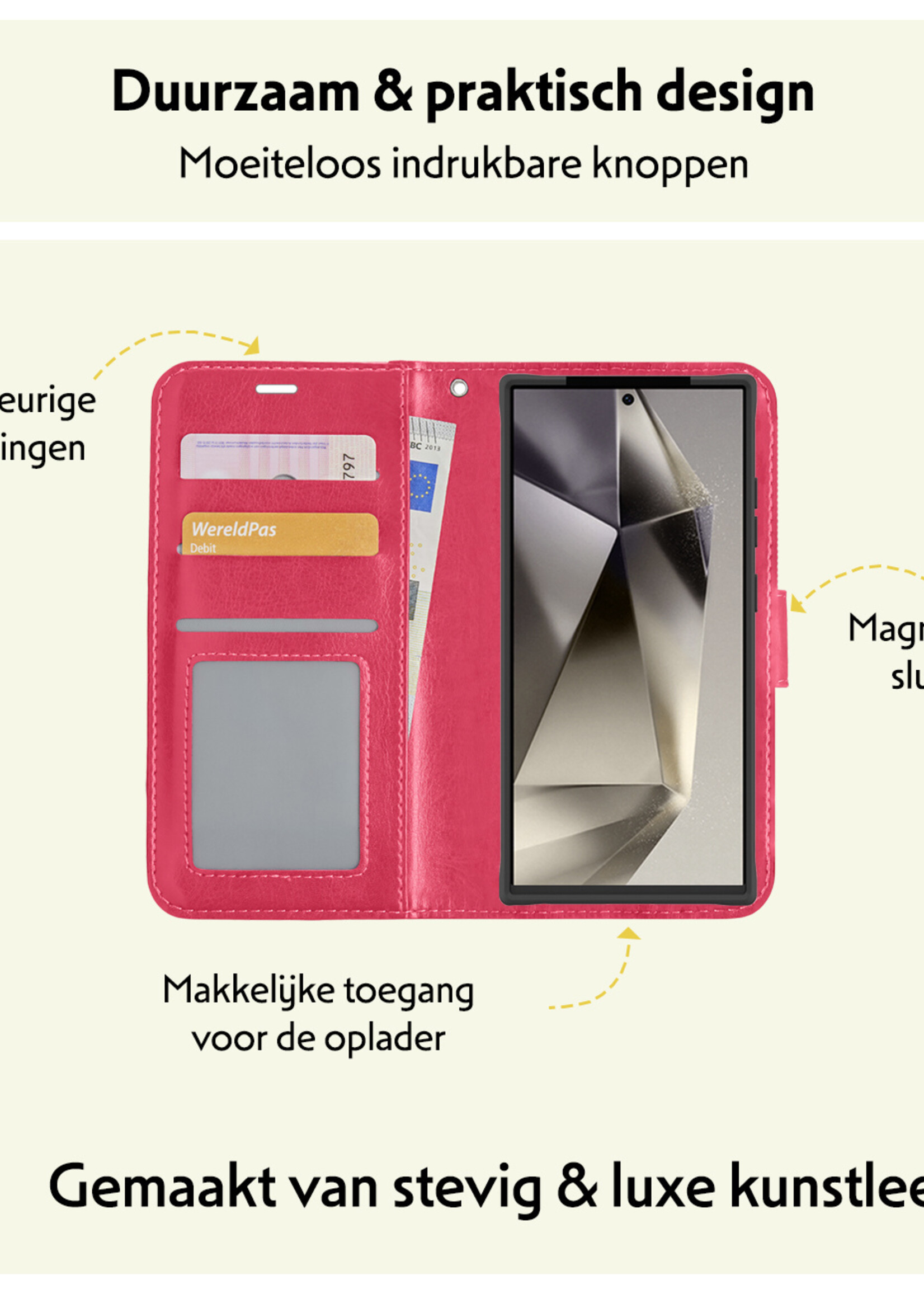 LUQ Hoesje Geschikt voor Samsung S24 Ultra Hoesje Book Case Hoes Wallet Cover Met Screenprotector - Hoes Geschikt voor Samsung Galaxy S24 Ultra Hoesje Bookcase Hoes - Donkerroze