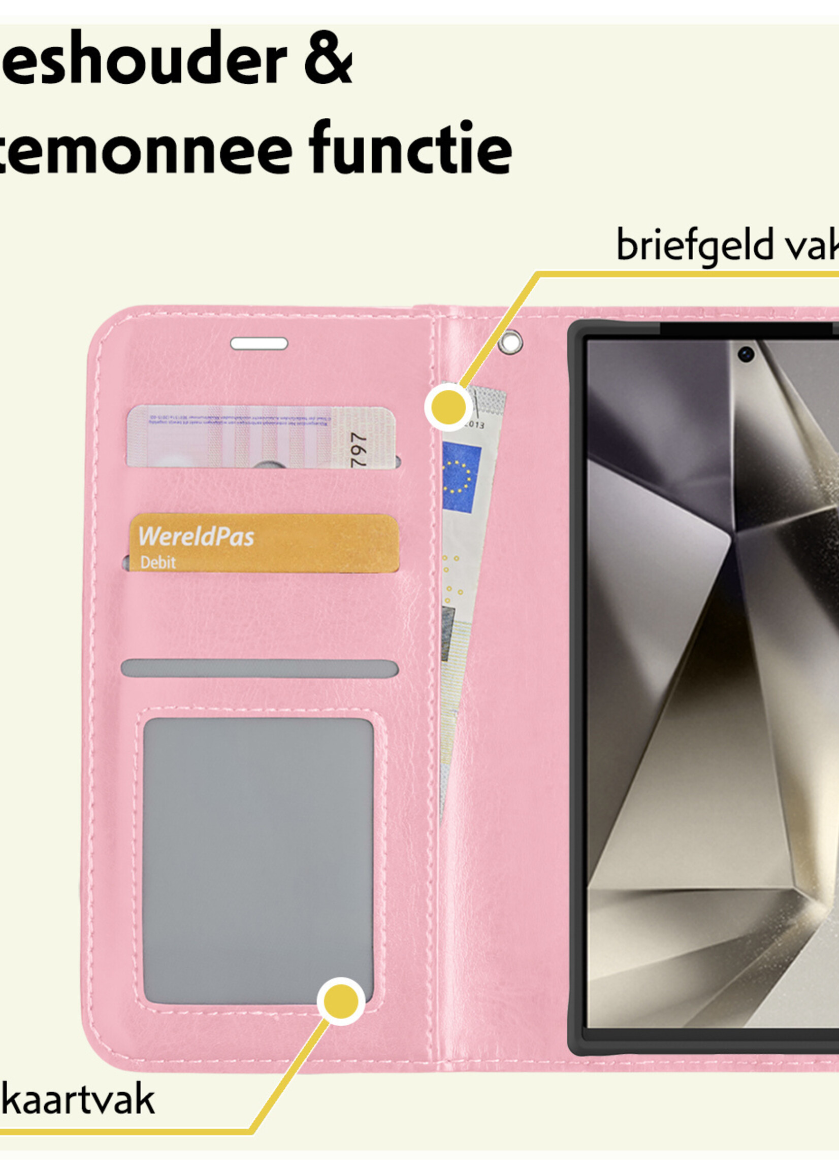 LUQ Hoesje Geschikt voor Samsung S24 Ultra Hoesje Book Case Hoes Wallet Cover Met Screenprotector - Hoes Geschikt voor Samsung Galaxy S24 Ultra Hoesje Bookcase Hoes - Lichtroze