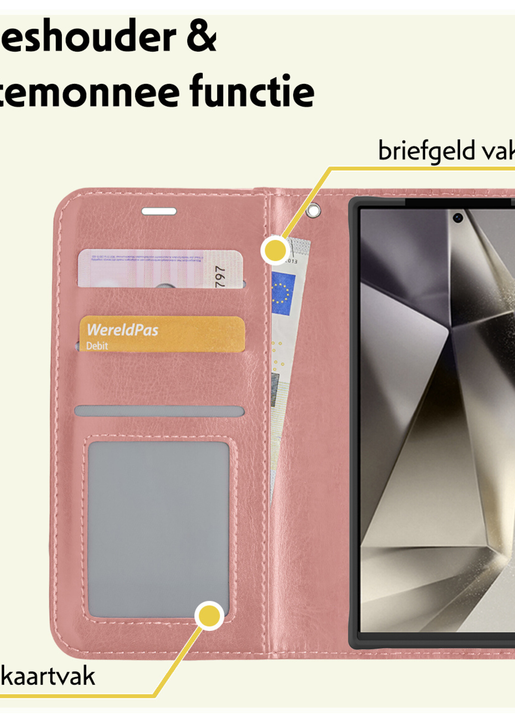 LUQ Hoesje Geschikt voor Samsung S24 Ultra Hoesje Book Case Hoes Wallet Cover Met Screenprotector - Hoes Geschikt voor Samsung Galaxy S24 Ultra Hoesje Bookcase Hoes - Rosé goud