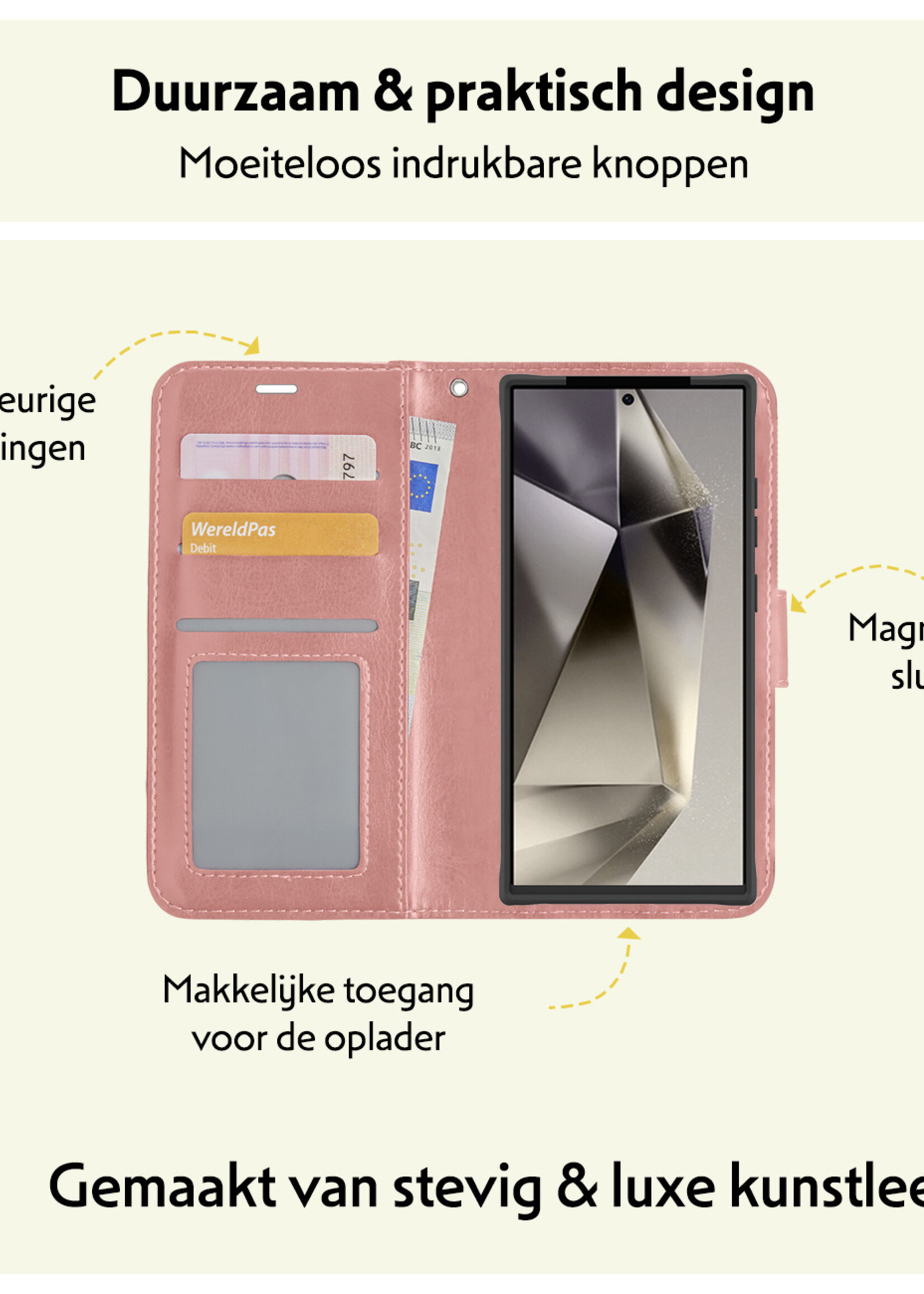 LUQ Hoesje Geschikt voor Samsung S24 Ultra Hoesje Book Case Hoes Wallet Cover Met Screenprotector - Hoes Geschikt voor Samsung Galaxy S24 Ultra Hoesje Bookcase Hoes - Rosé goud