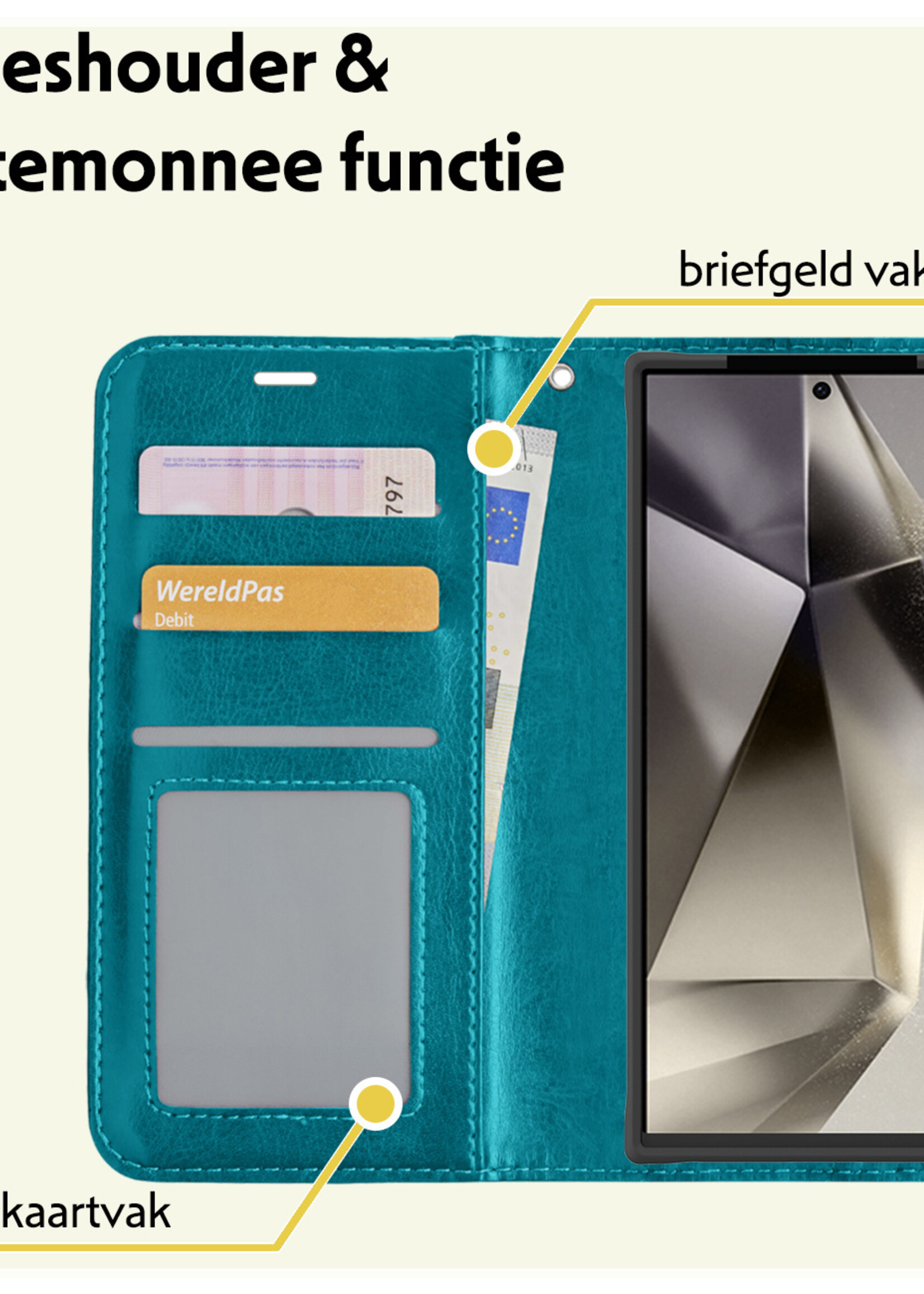 LUQ Hoesje Geschikt voor Samsung S24 Ultra Hoesje Book Case Hoes Wallet Cover Met Screenprotector - Hoes Geschikt voor Samsung Galaxy S24 Ultra Hoesje Bookcase Hoes - Turquoise