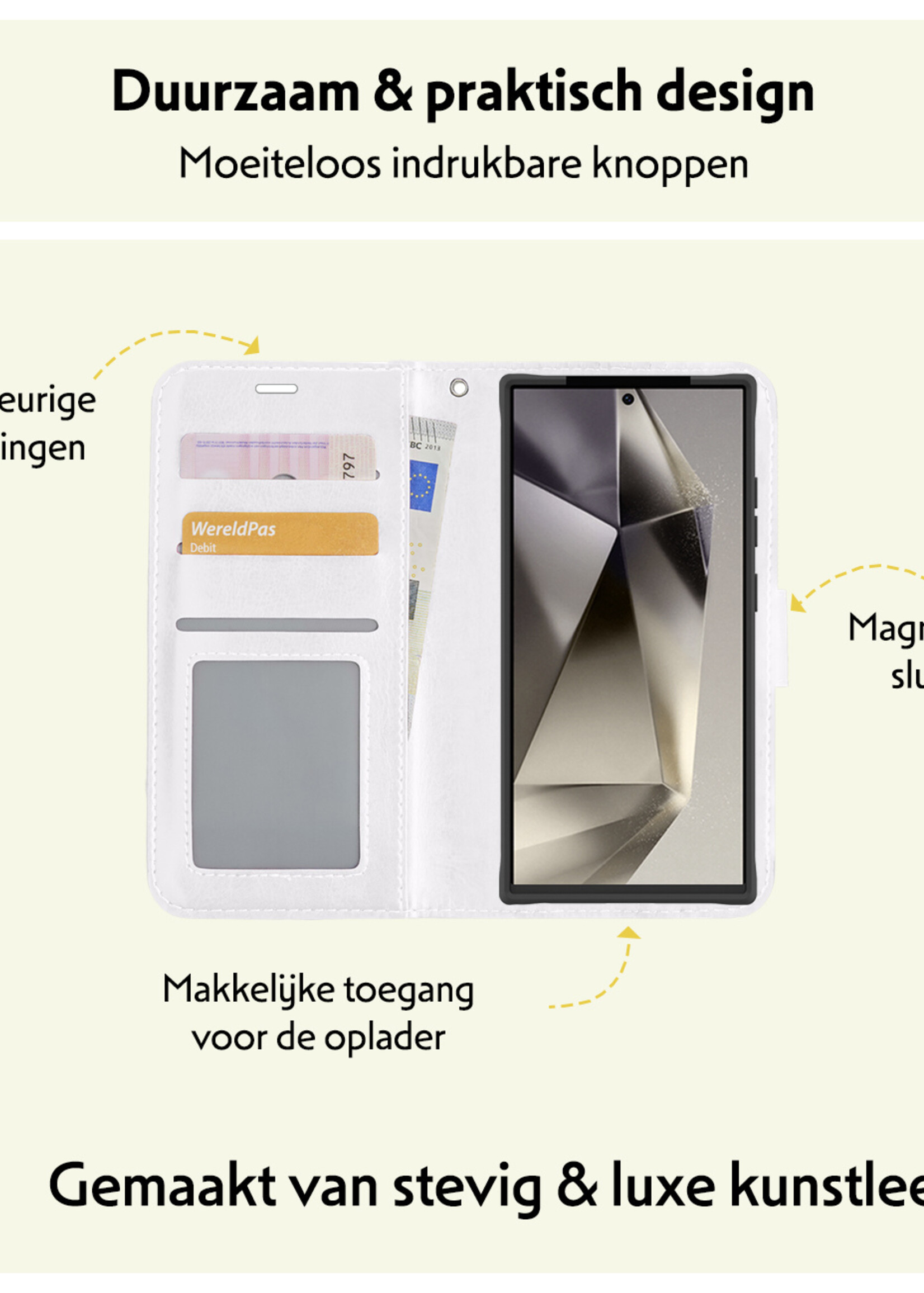 LUQ Hoesje Geschikt voor Samsung S24 Ultra Hoesje Book Case Hoes Wallet Cover Met Screenprotector - Hoes Geschikt voor Samsung Galaxy S24 Ultra Hoesje Bookcase Hoes - Wit