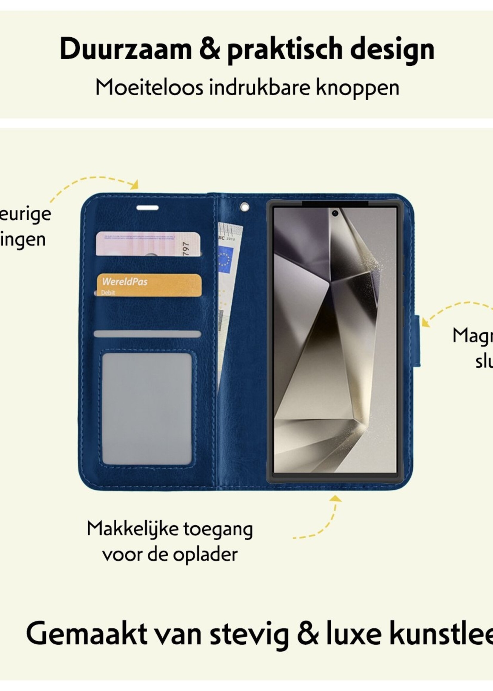 LUQ Hoesje Geschikt voor Samsung S24 Ultra Hoesje Book Case Hoes Wallet Cover Met 2x Screenprotector - Hoes Geschikt voor Samsung Galaxy S24 Ultra Hoesje Bookcase Hoes - Donkerblauw