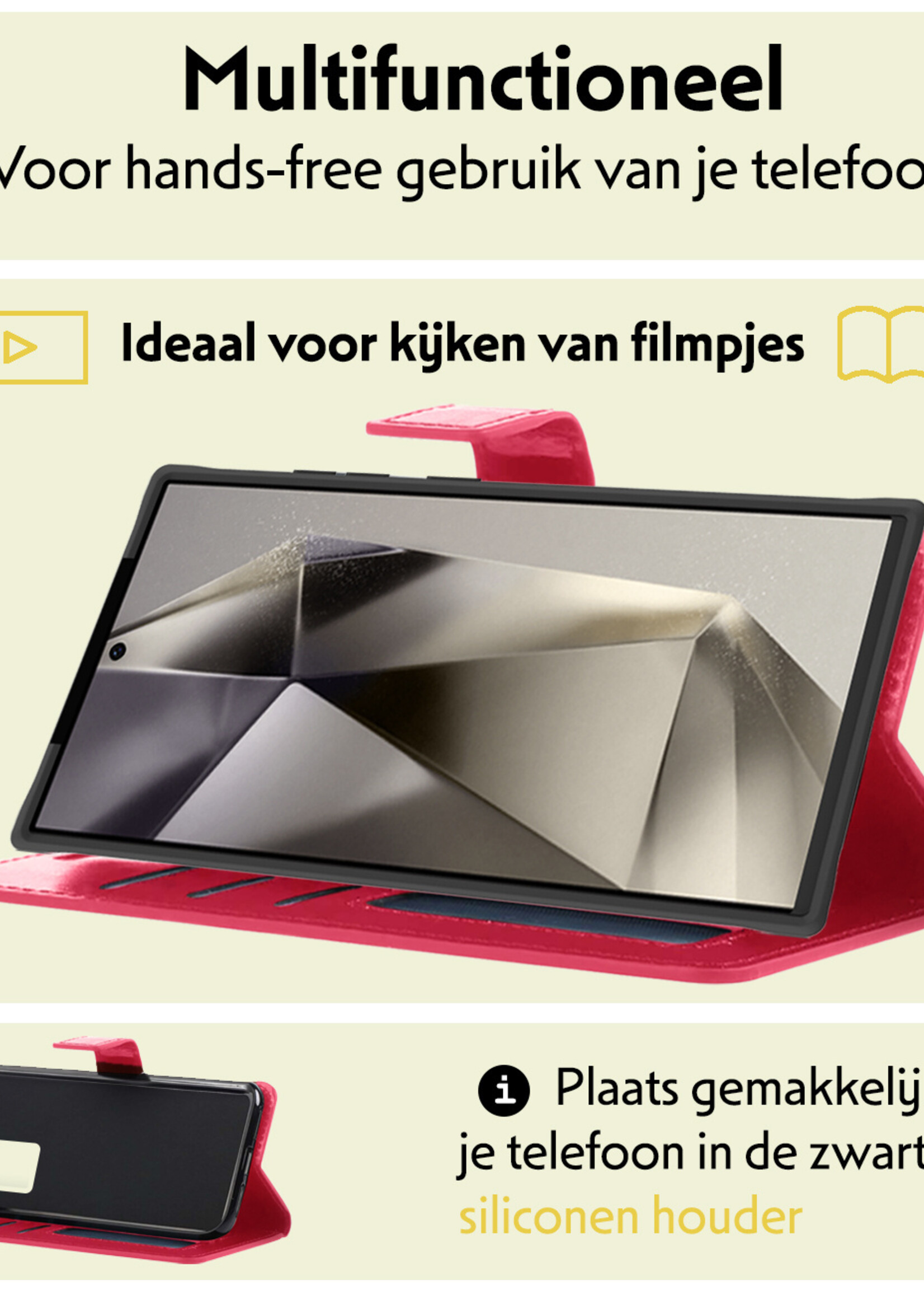 LUQ Hoesje Geschikt voor Samsung S24 Ultra Hoesje Book Case Hoes Wallet Cover Met 2x Screenprotector - Hoes Geschikt voor Samsung Galaxy S24 Ultra Hoesje Bookcase Hoes - Donkerroze