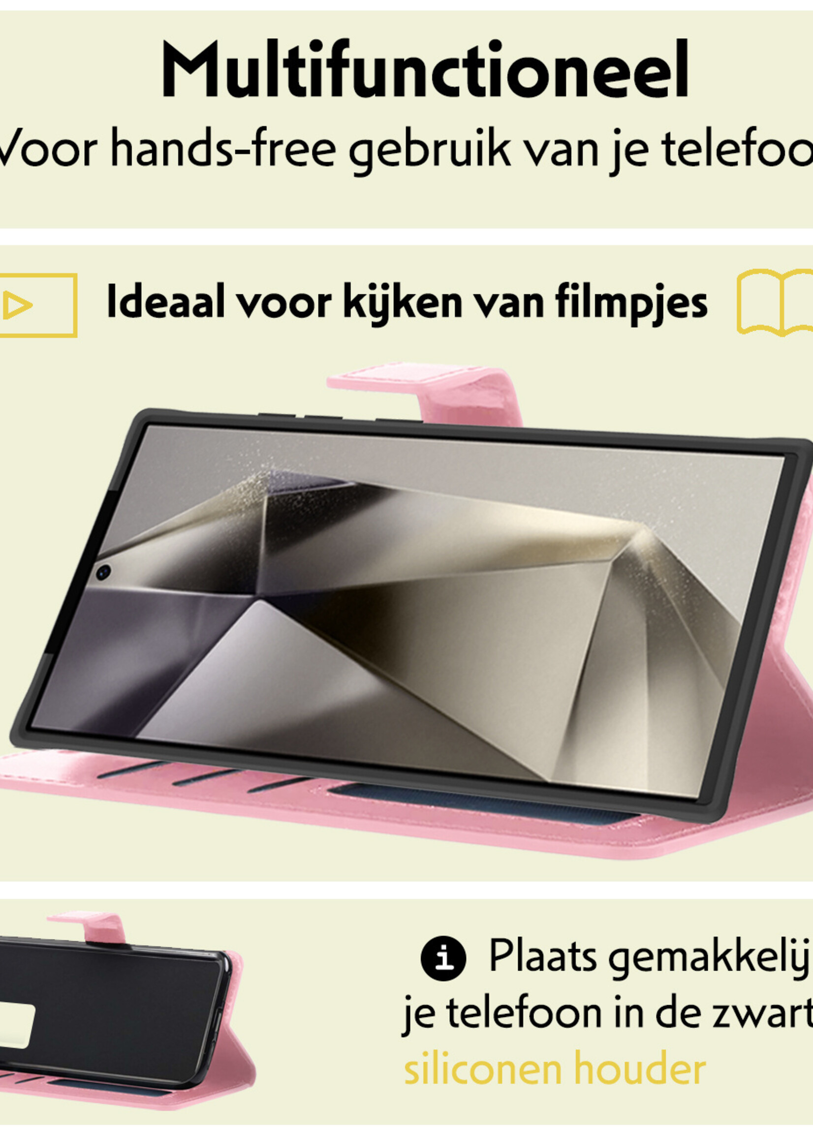 LUQ Hoesje Geschikt voor Samsung S24 Ultra Hoesje Book Case Hoes Wallet Cover Met 2x Screenprotector - Hoes Geschikt voor Samsung Galaxy S24 Ultra Hoesje Bookcase Hoes - Lichtroze