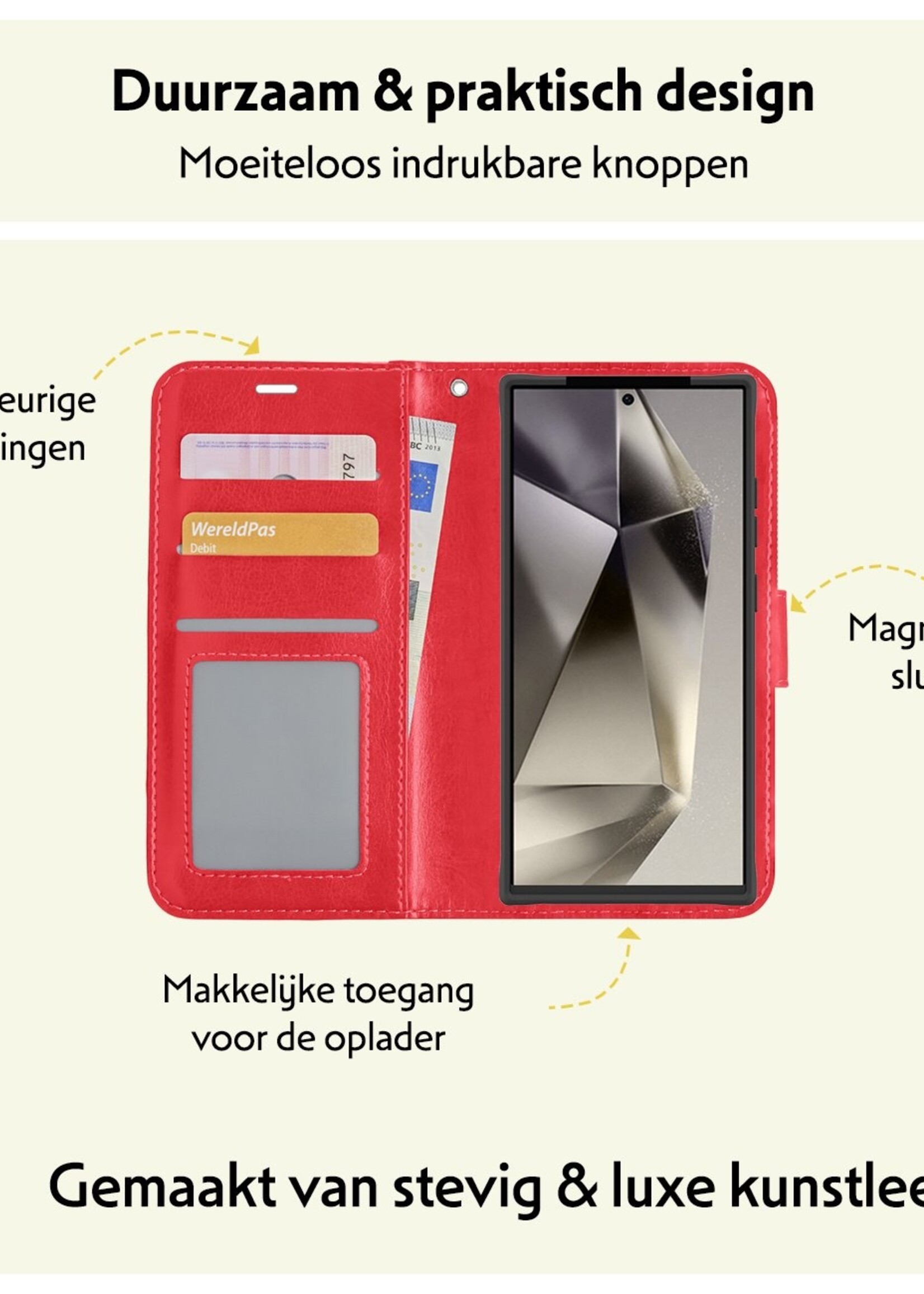 LUQ Hoesje Geschikt voor Samsung S24 Ultra Hoesje Book Case Hoes Wallet Cover Met 2x Screenprotector - Hoes Geschikt voor Samsung Galaxy S24 Ultra Hoesje Bookcase Hoes - Rood