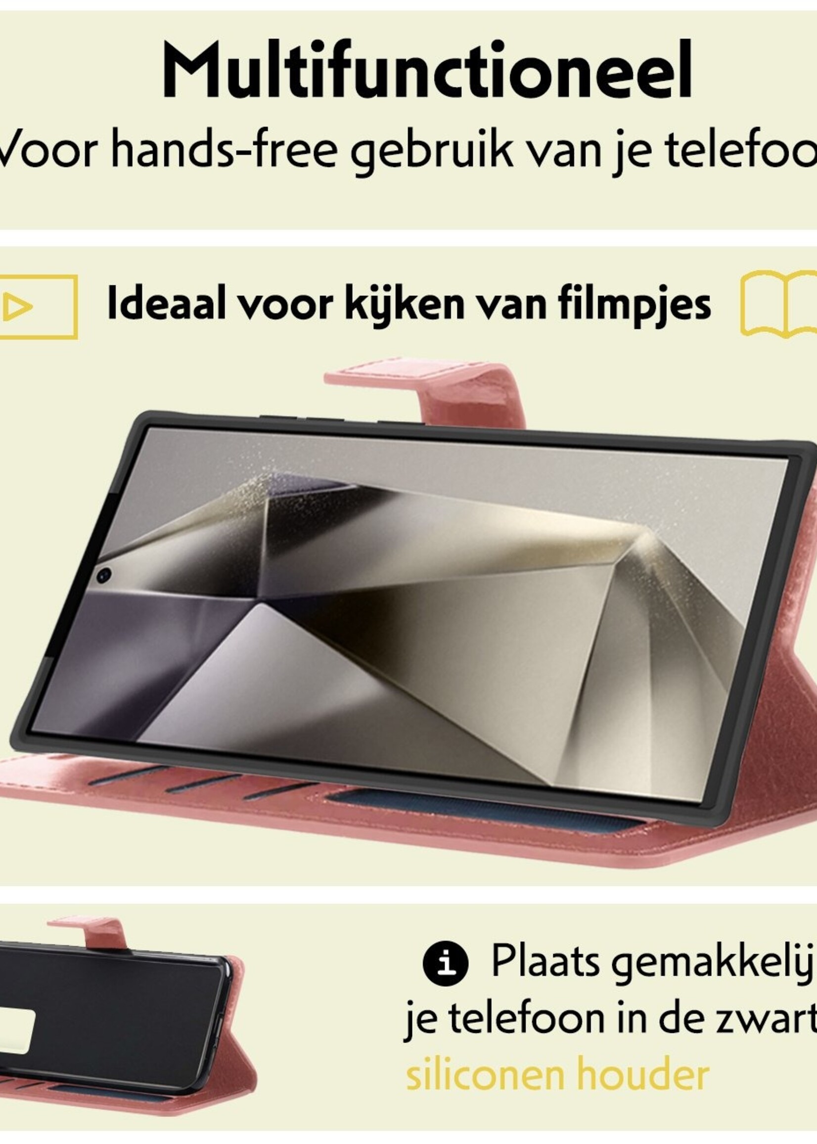 LUQ Hoesje Geschikt voor Samsung S24 Ultra Hoesje Book Case Hoes Wallet Cover Met 2x Screenprotector - Hoes Geschikt voor Samsung Galaxy S24 Ultra Hoesje Bookcase Hoes - Rosé goud