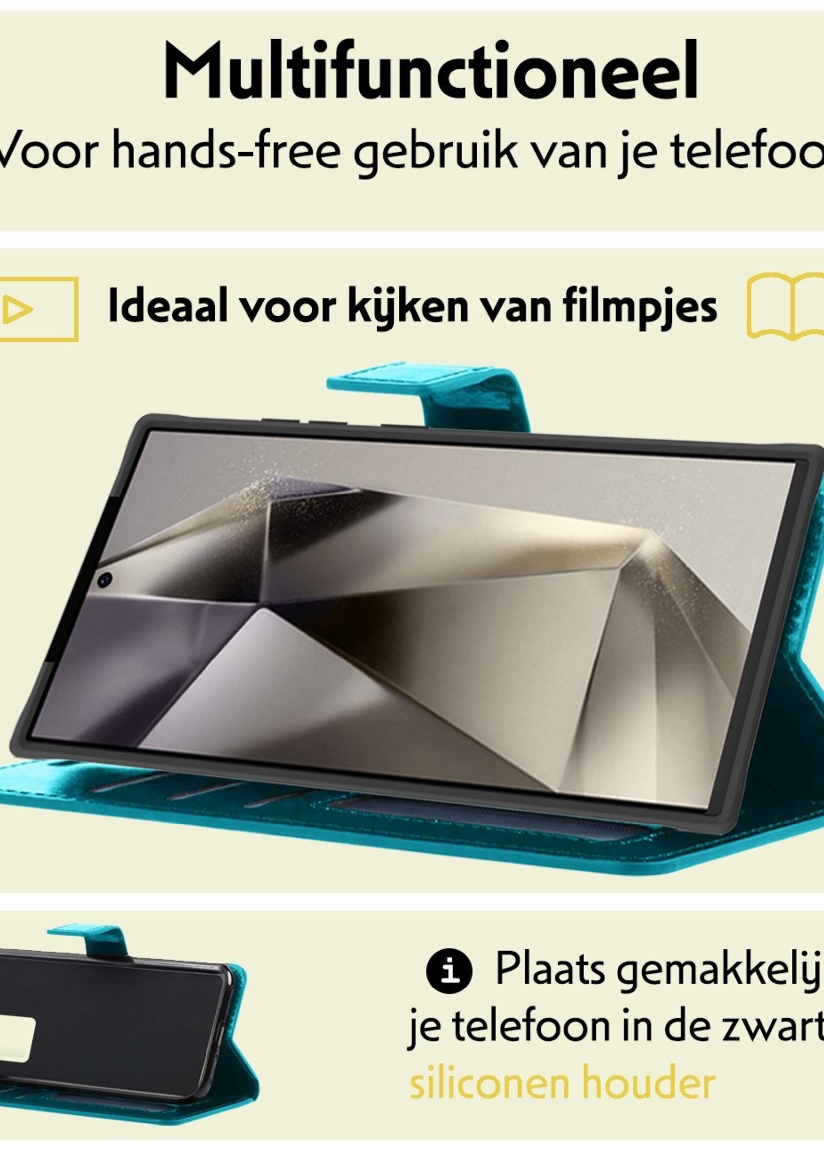 LUQ Hoesje Geschikt voor Samsung S24 Ultra Hoesje Book Case Hoes Wallet Cover Met 2x Screenprotector - Hoes Geschikt voor Samsung Galaxy S24 Ultra Hoesje Bookcase Hoes - Turquoise