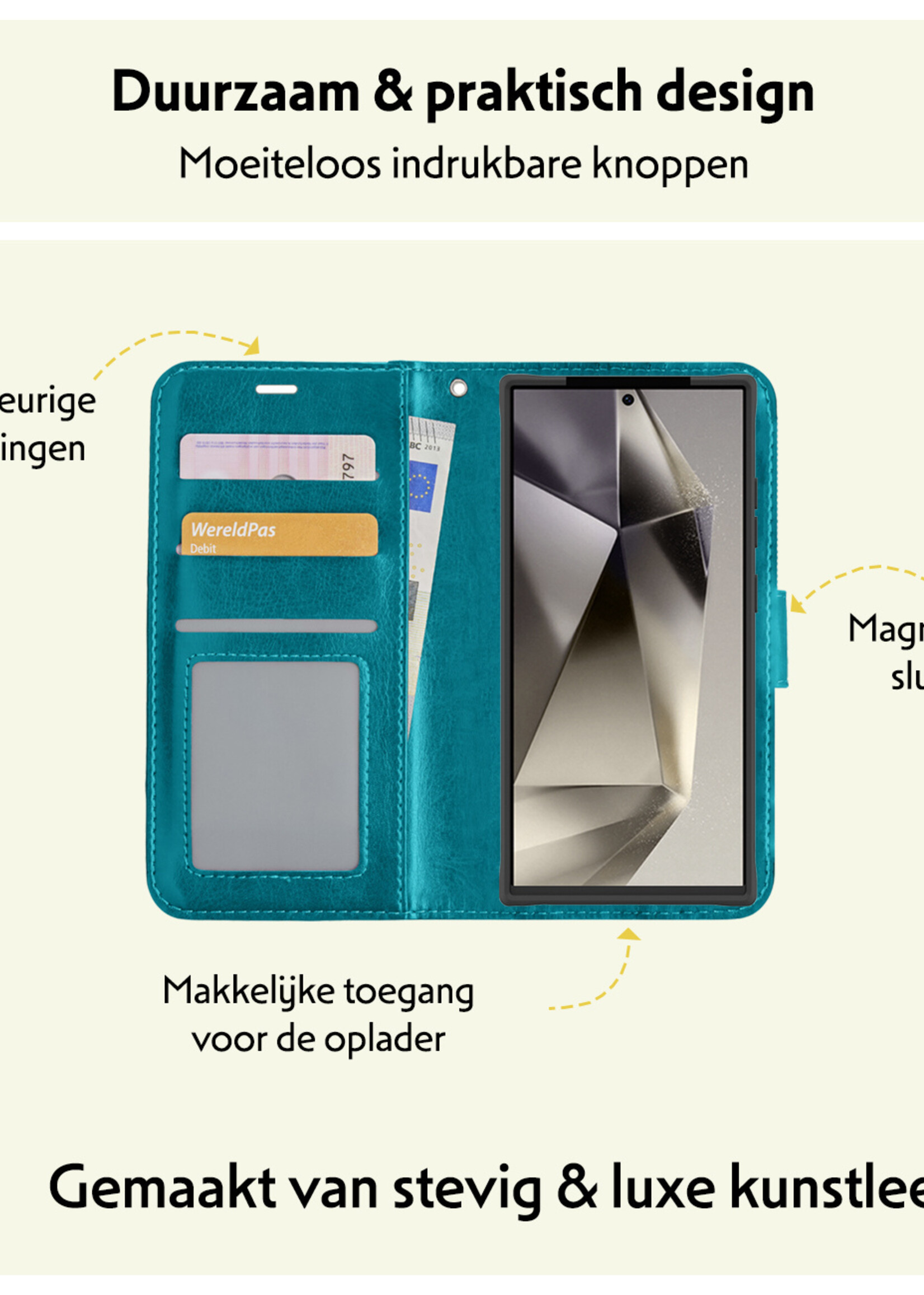 LUQ Hoesje Geschikt voor Samsung S24 Ultra Hoesje Book Case Hoes Wallet Cover Met 2x Screenprotector - Hoes Geschikt voor Samsung Galaxy S24 Ultra Hoesje Bookcase Hoes - Turquoise