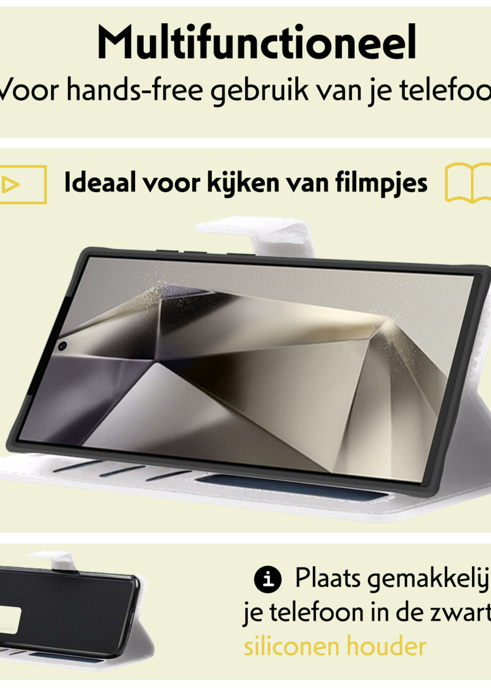 LUQ Hoesje Geschikt voor Samsung S24 Ultra Hoesje Book Case Hoes Wallet Cover Met 2x Screenprotector - Hoes Geschikt voor Samsung Galaxy S24 Ultra Hoesje Bookcase Hoes - Wit