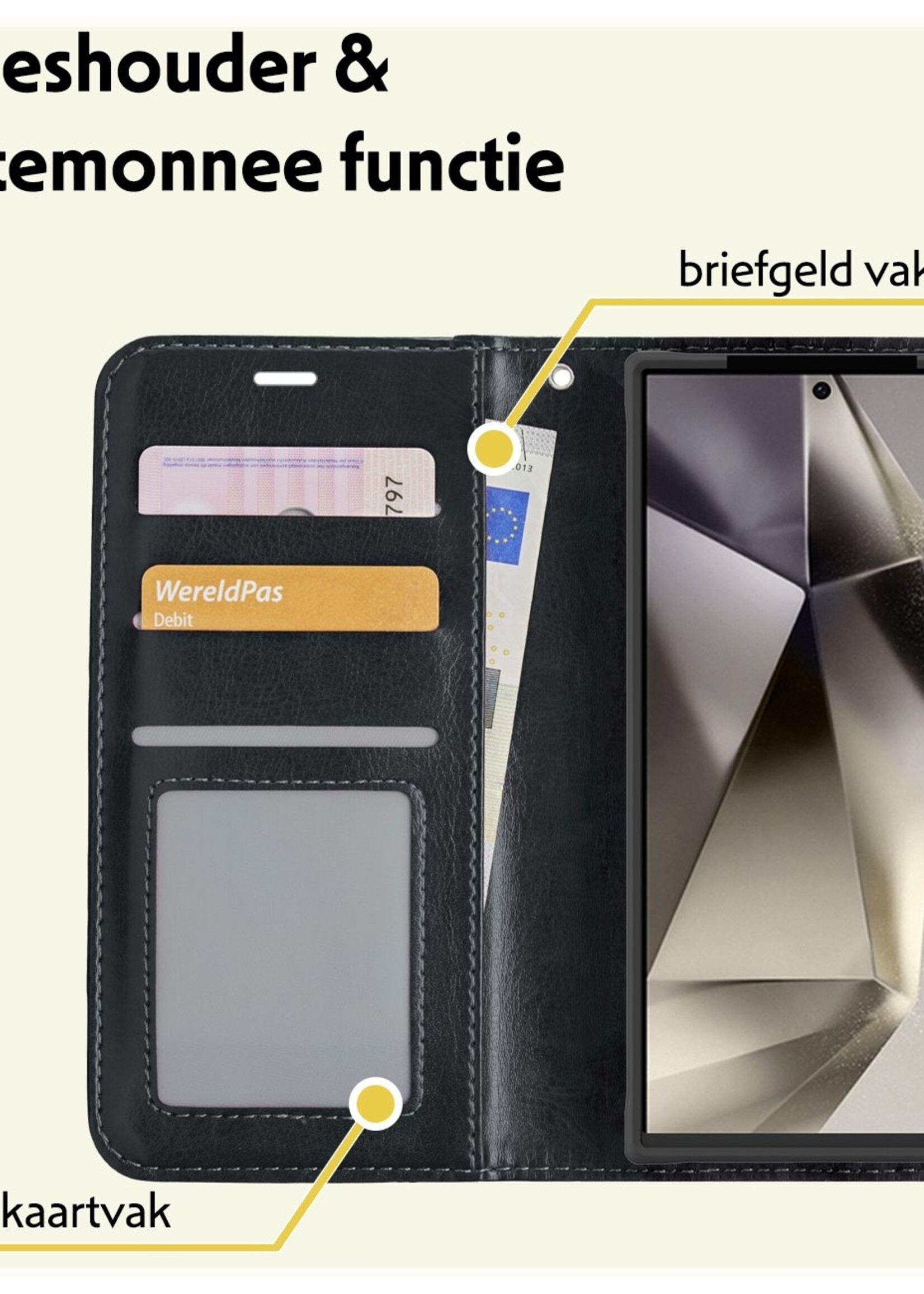 LUQ Hoesje Geschikt voor Samsung S24 Ultra Hoesje Book Case Hoes Wallet Cover Met 2x Screenprotector - Hoes Geschikt voor Samsung Galaxy S24 Ultra Hoesje Bookcase Hoes - Zwart