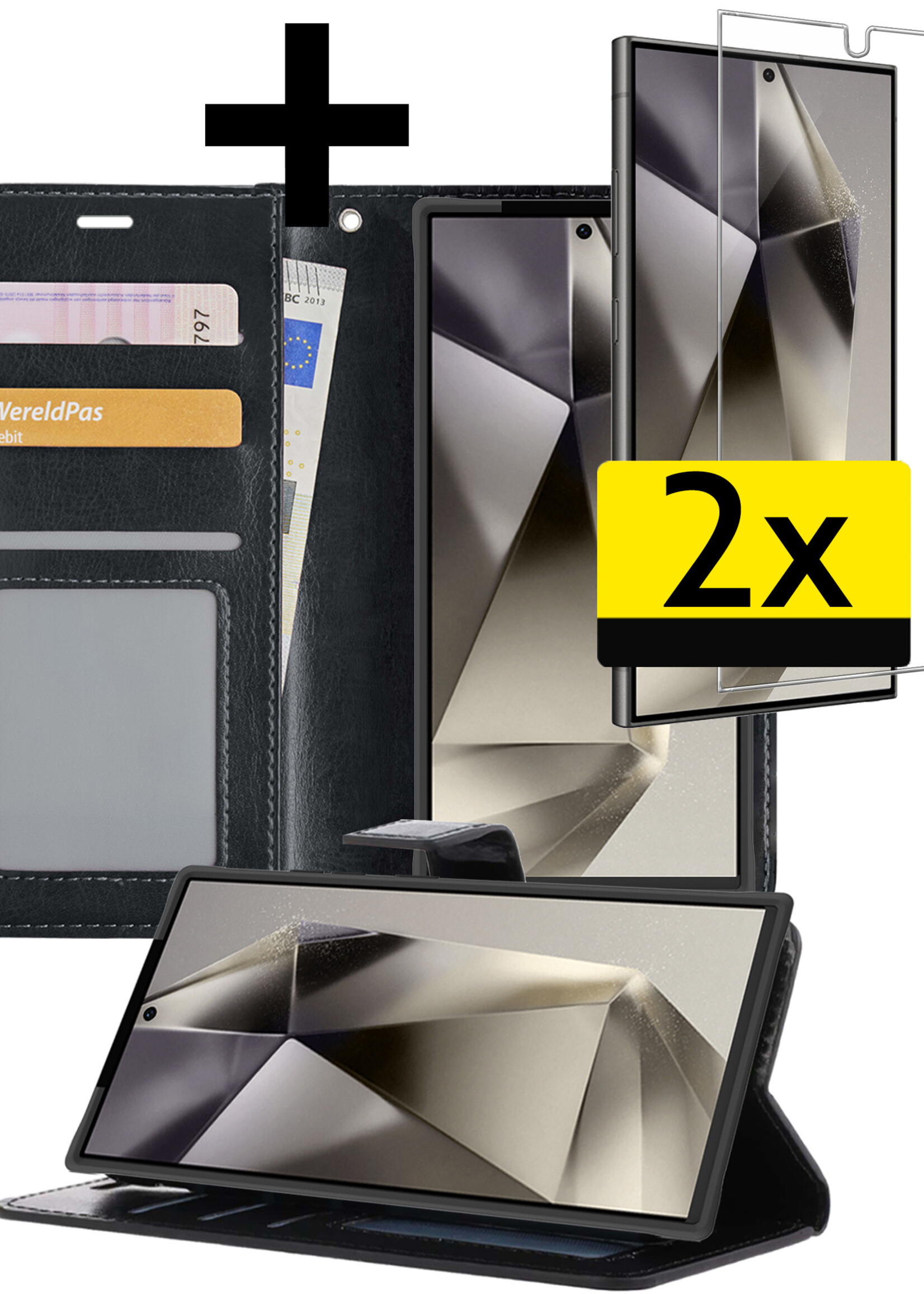 LUQ Hoesje Geschikt voor Samsung S24 Ultra Hoesje Book Case Hoes Wallet Cover Met 2x Screenprotector - Hoes Geschikt voor Samsung Galaxy S24 Ultra Hoesje Bookcase Hoes - Zwart