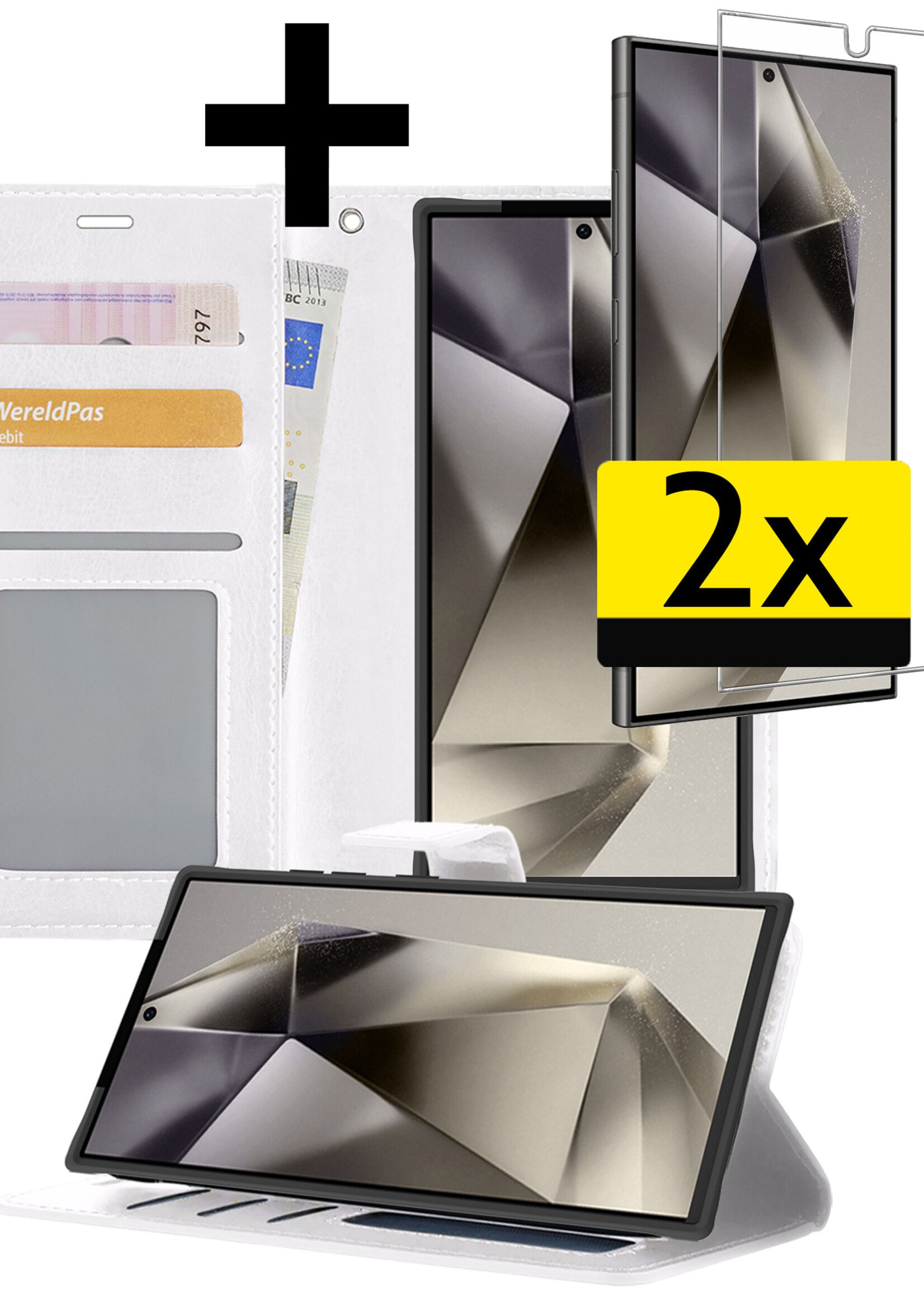LUQ Hoesje Geschikt voor Samsung S24 Ultra Hoesje Book Case Hoes Wallet Cover Met 2x Screenprotector - Hoes Geschikt voor Samsung Galaxy S24 Ultra Hoesje Bookcase Hoes - Wit