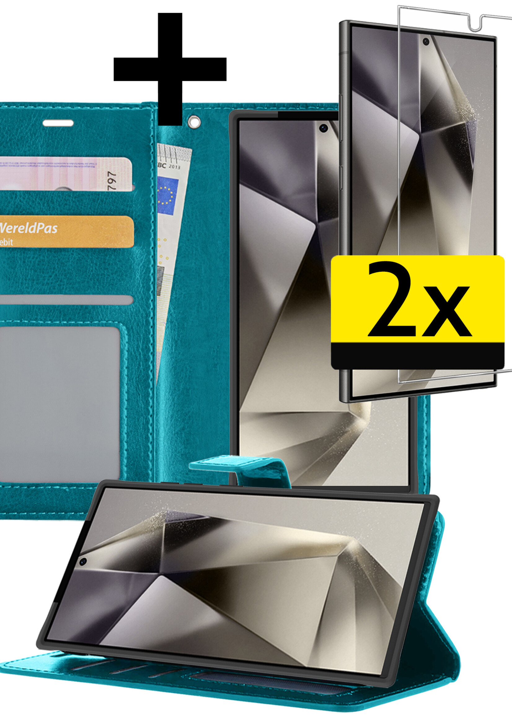 LUQ Hoesje Geschikt voor Samsung S24 Ultra Hoesje Book Case Hoes Wallet Cover Met 2x Screenprotector - Hoes Geschikt voor Samsung Galaxy S24 Ultra Hoesje Bookcase Hoes - Turquoise