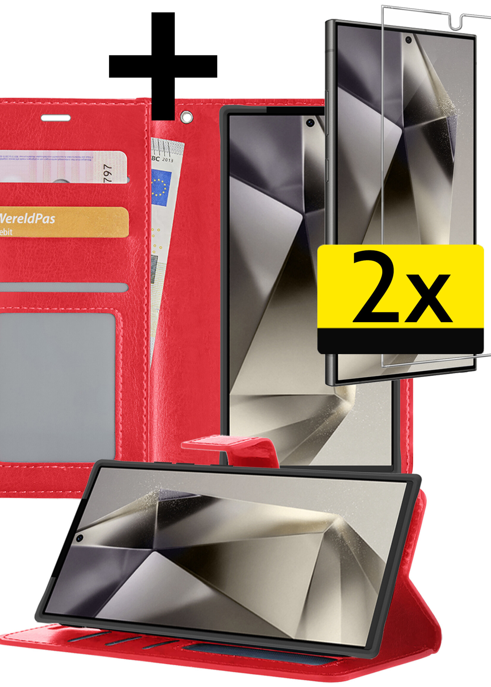LUQ Hoesje Geschikt voor Samsung S24 Ultra Hoesje Book Case Hoes Wallet Cover Met 2x Screenprotector - Hoes Geschikt voor Samsung Galaxy S24 Ultra Hoesje Bookcase Hoes - Rood