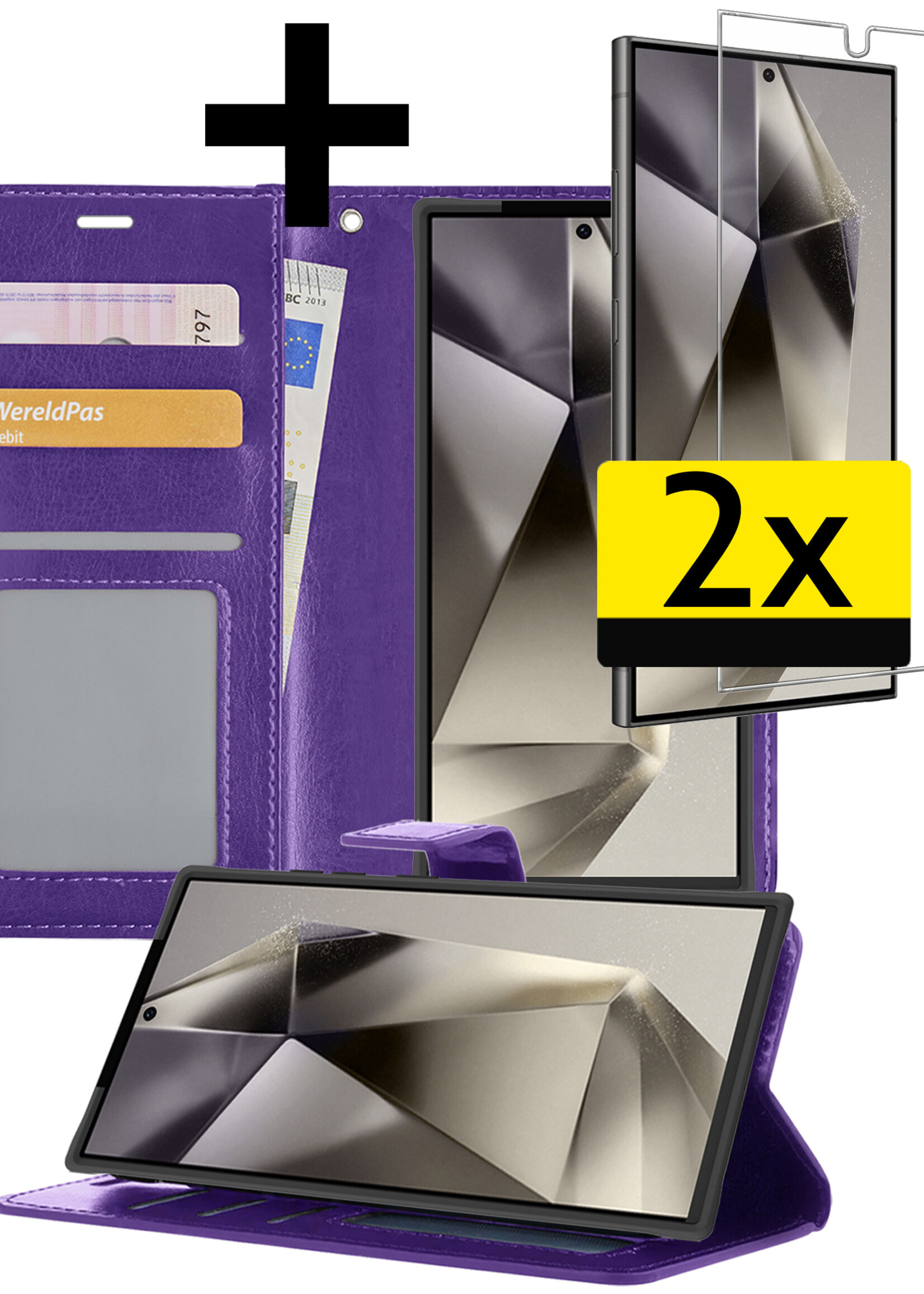 LUQ Hoesje Geschikt voor Samsung S24 Ultra Hoesje Book Case Hoes Wallet Cover Met 2x Screenprotector - Hoes Geschikt voor Samsung Galaxy S24 Ultra Hoesje Bookcase Hoes - Paars