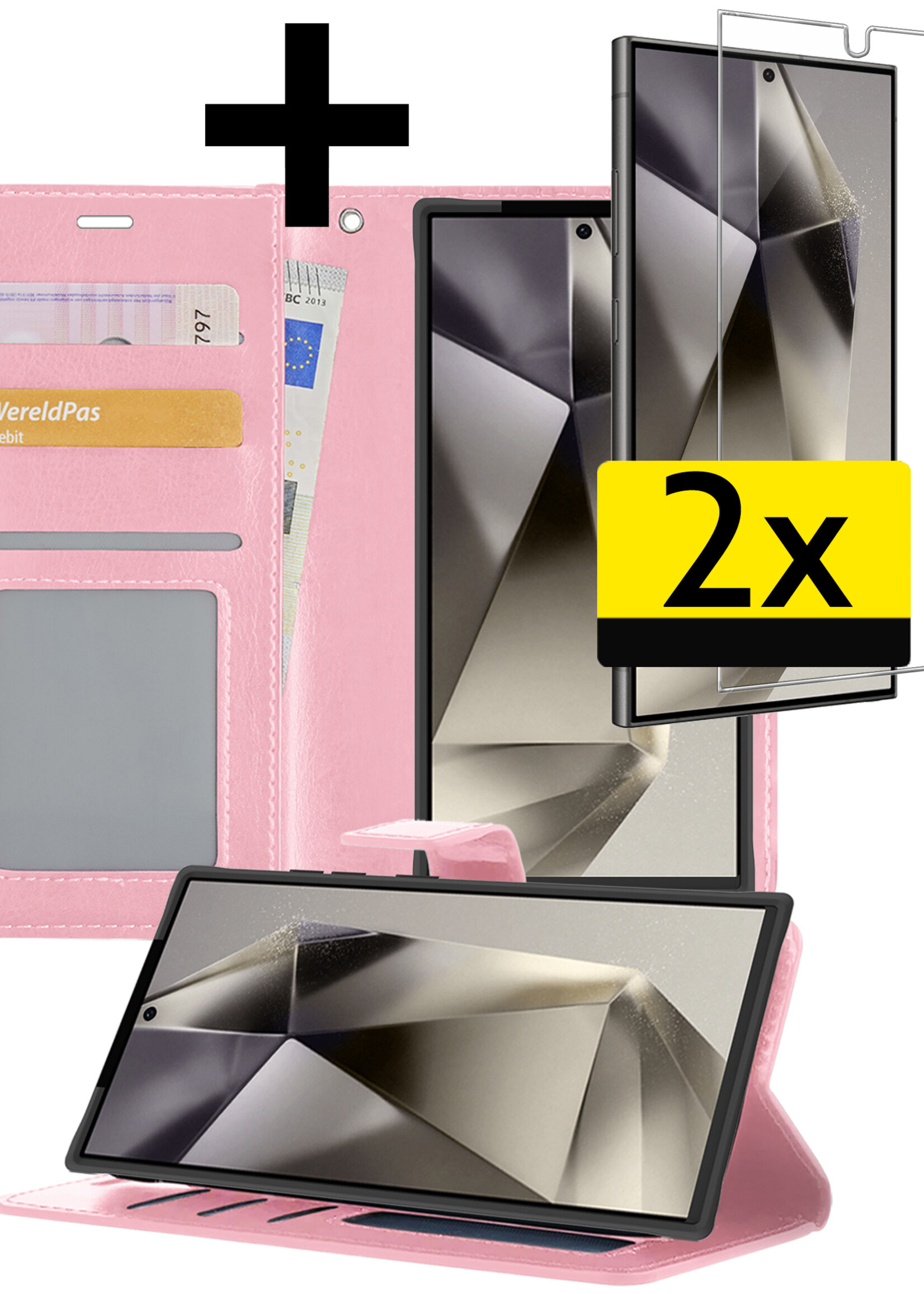 LUQ Hoesje Geschikt voor Samsung S24 Ultra Hoesje Book Case Hoes Wallet Cover Met 2x Screenprotector - Hoes Geschikt voor Samsung Galaxy S24 Ultra Hoesje Bookcase Hoes - Lichtroze