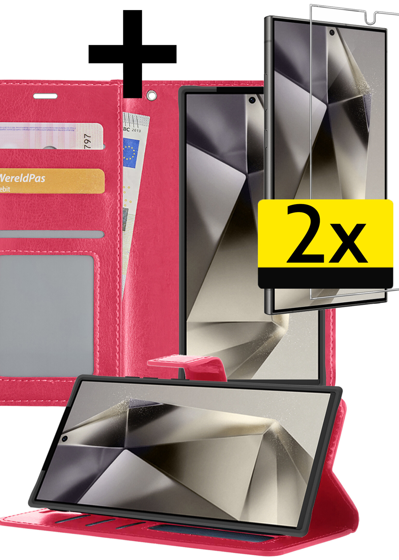 LUQ Hoesje Geschikt voor Samsung S24 Ultra Hoesje Book Case Hoes Wallet Cover Met 2x Screenprotector - Hoes Geschikt voor Samsung Galaxy S24 Ultra Hoesje Bookcase Hoes - Donkerroze